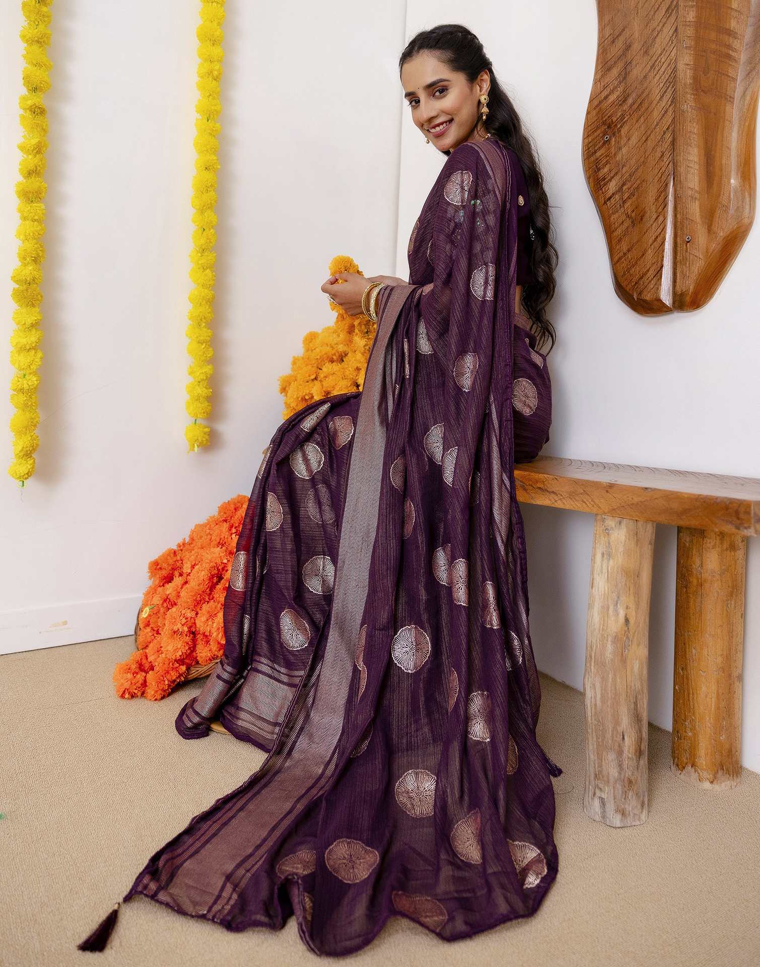 Wine Georgette Foil Printed Saree