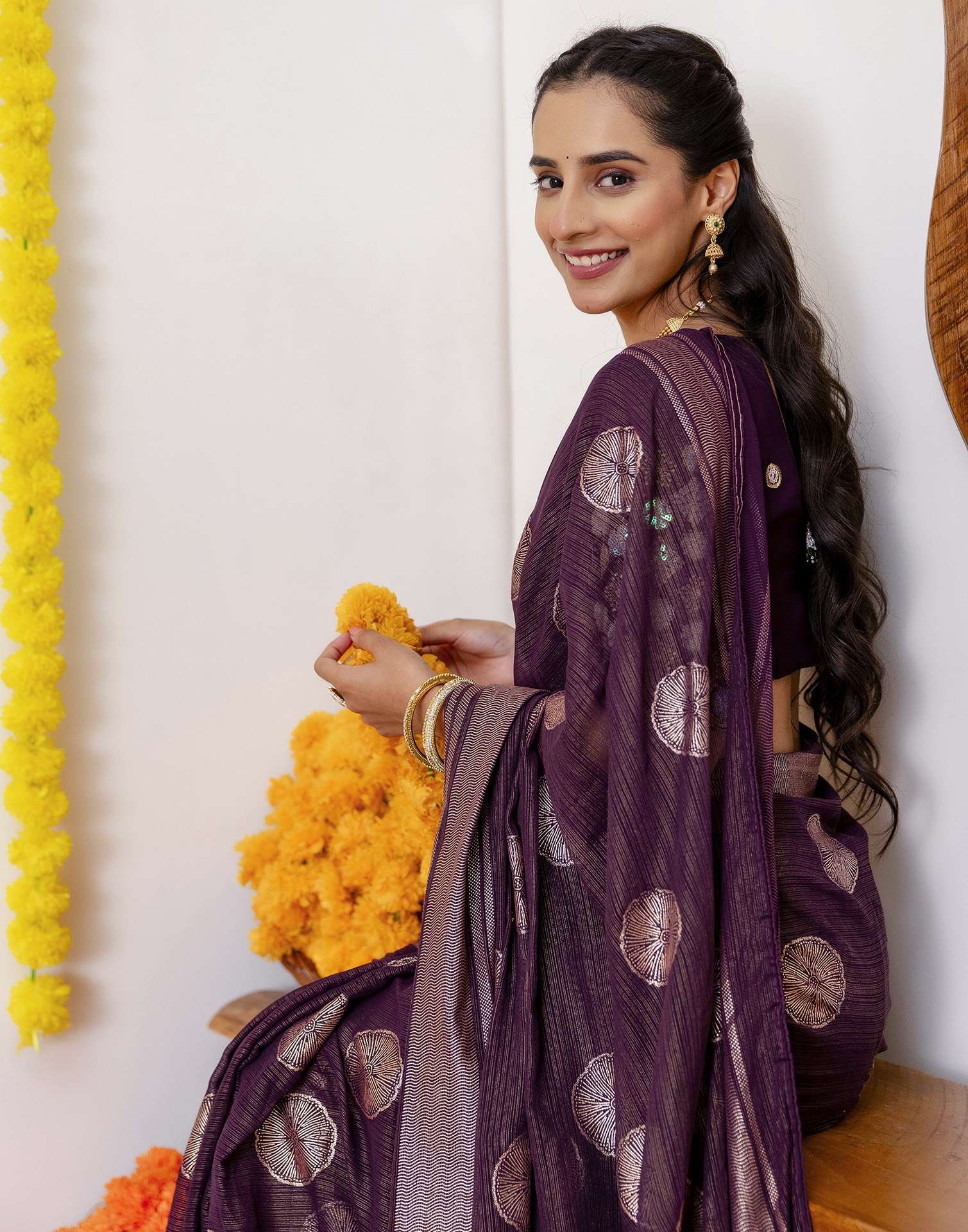 Wine Georgette Foil Printed Saree