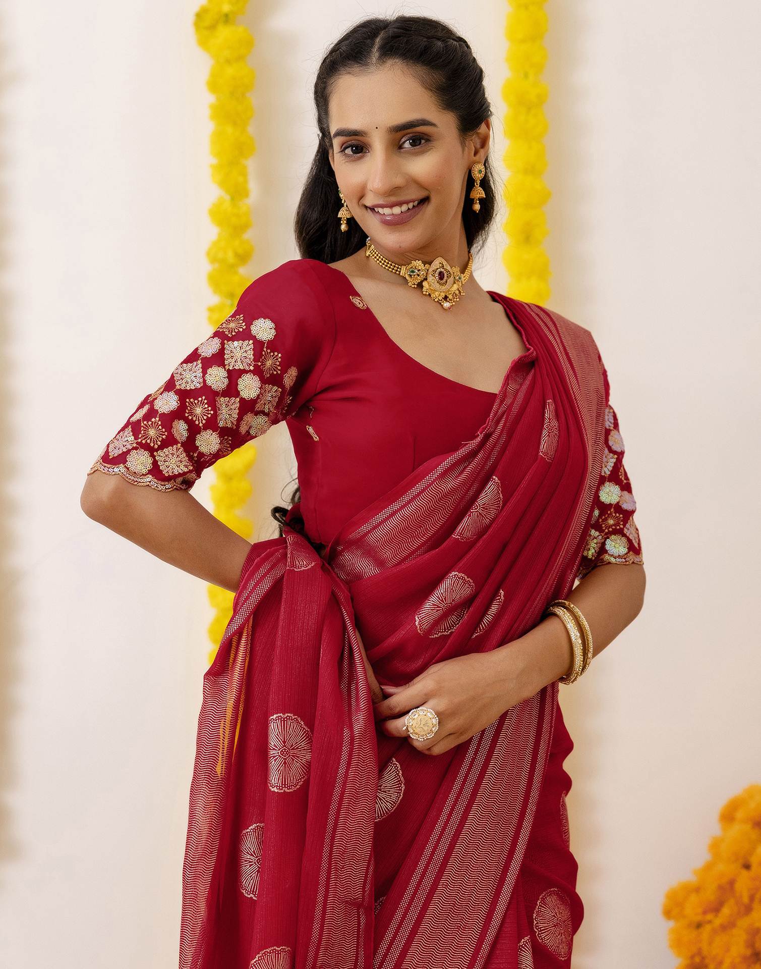 Dark Rani Pink Georgette Foil Printed Saree