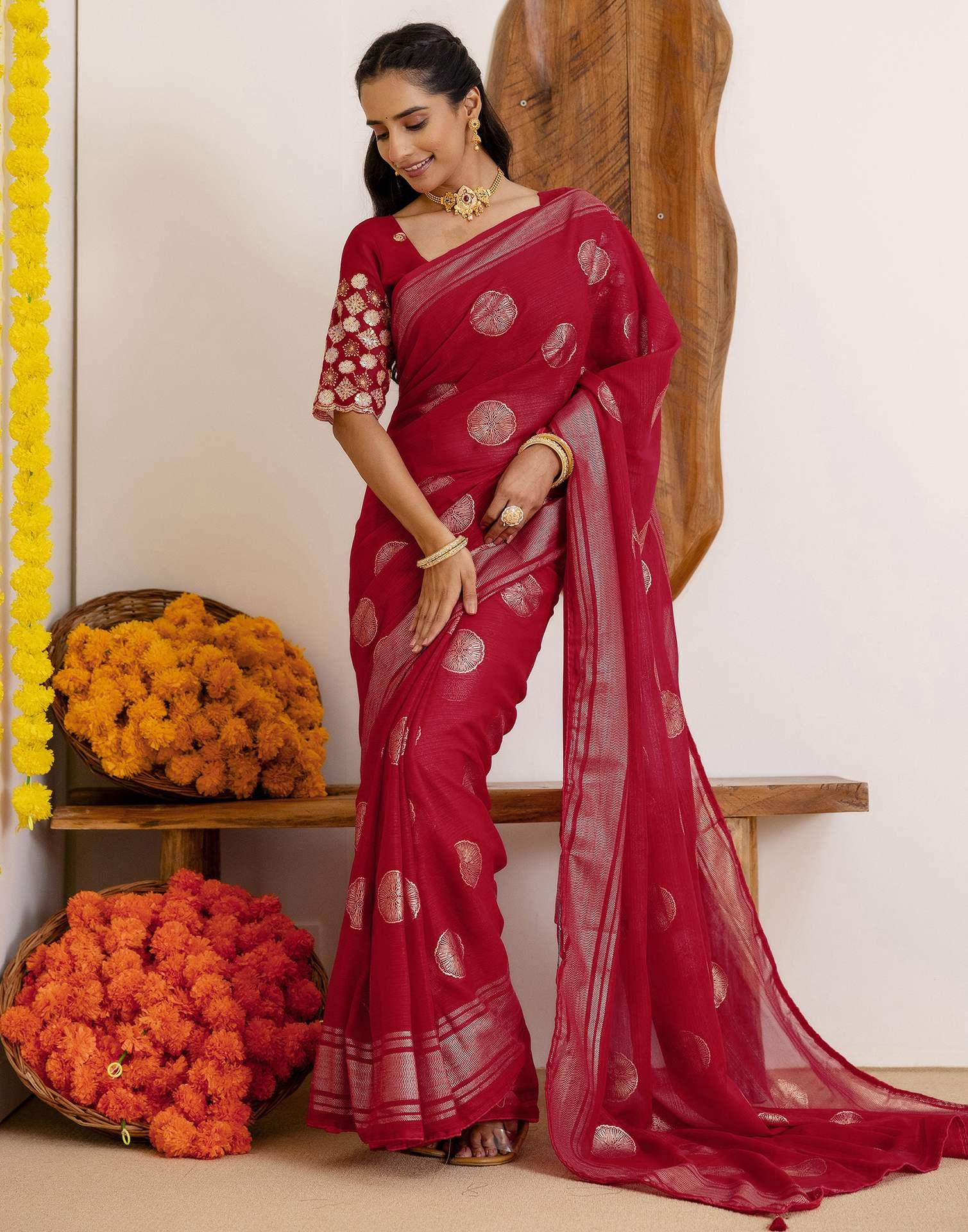 Dark Rani Pink Georgette Foil Printed Saree