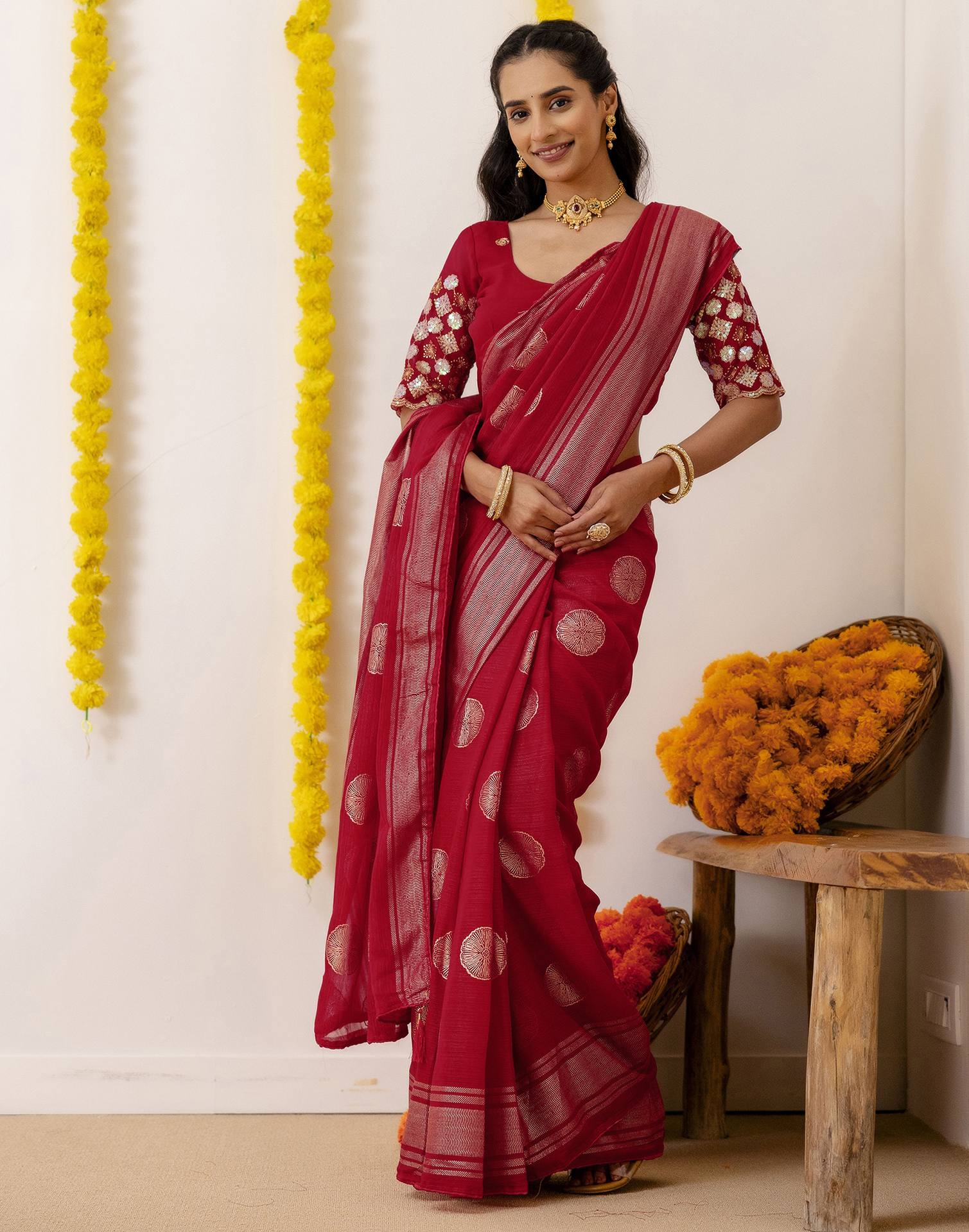 Dark Rani Pink Georgette Foil Printed Saree