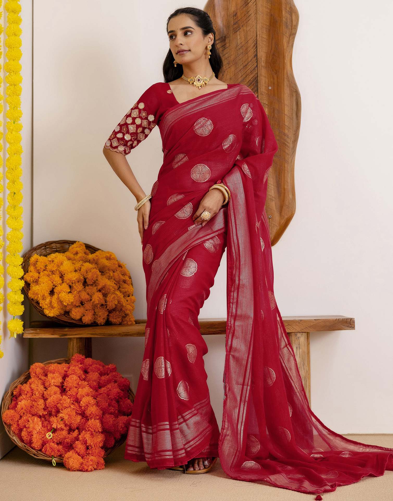 Dark Rani Pink Georgette Foil Printed Saree