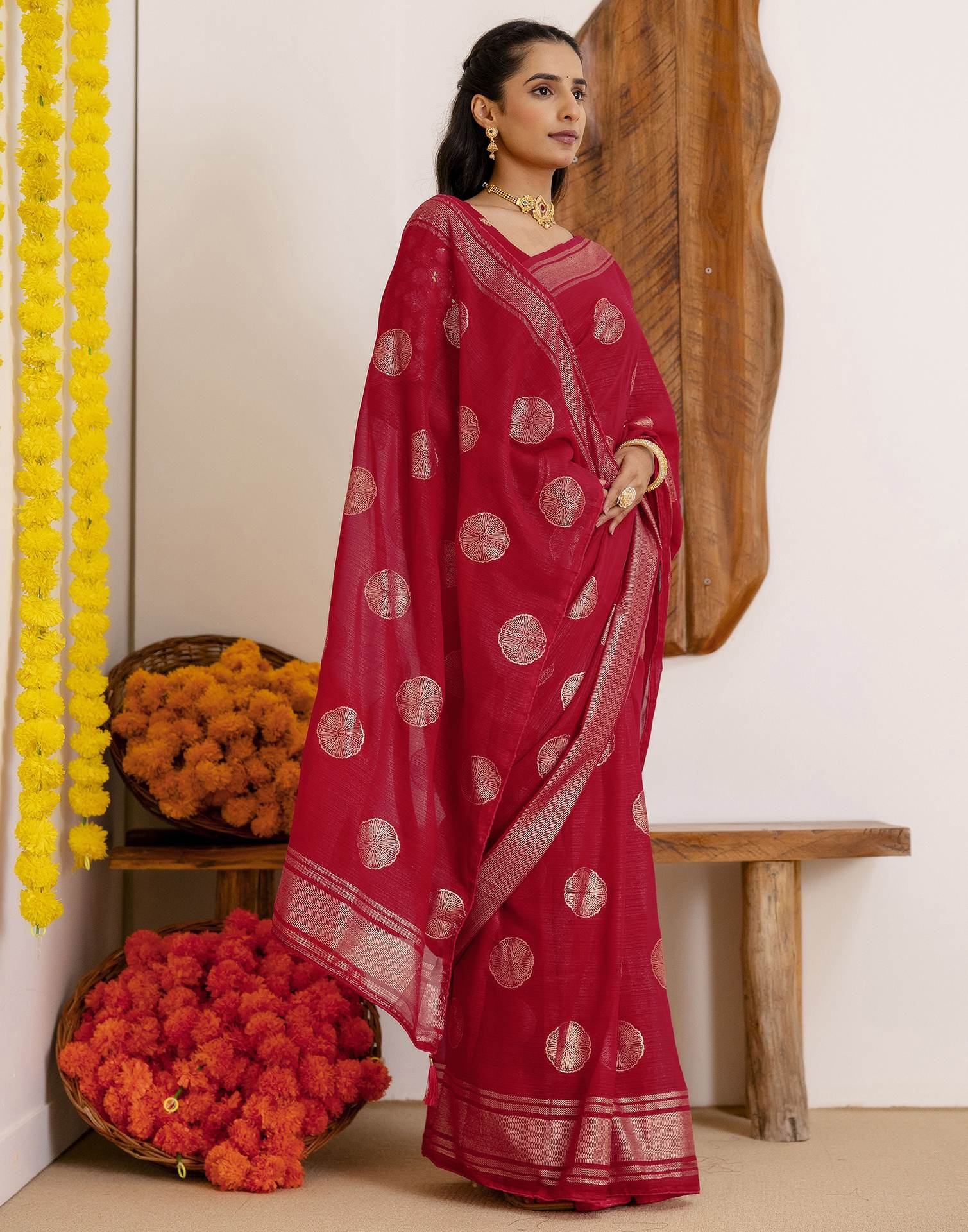 Dark Rani Pink Georgette Foil Printed Saree