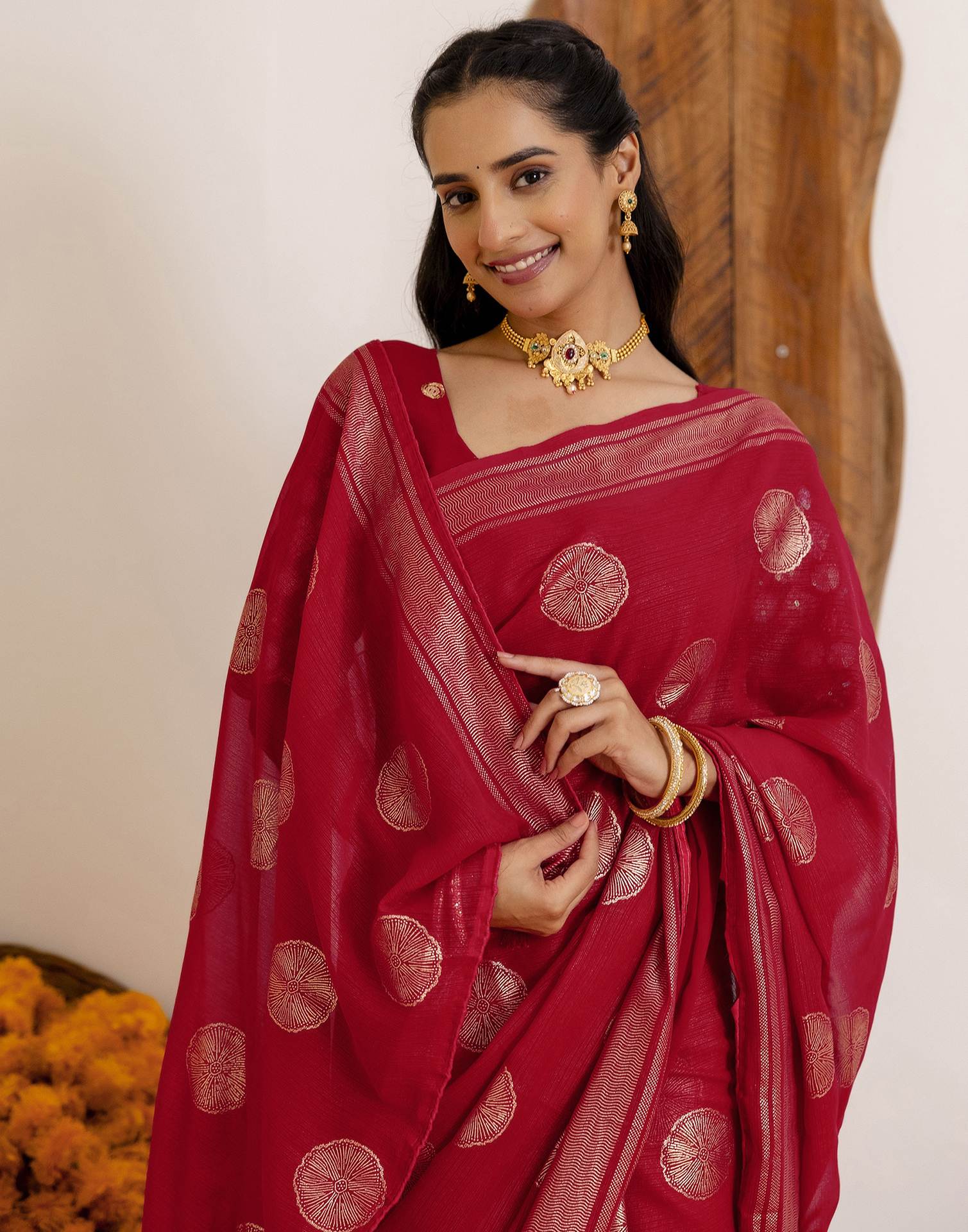 Dark Rani Pink Georgette Foil Printed Saree