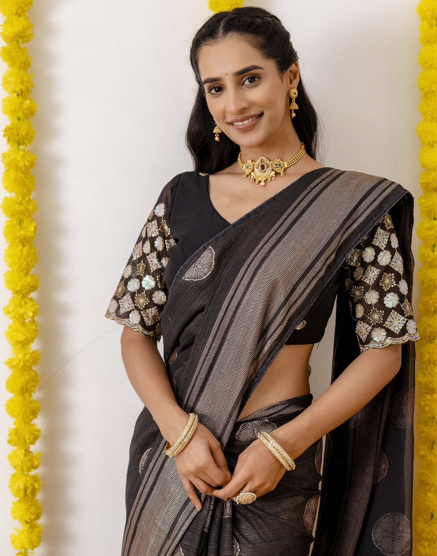 Black Georgette Foil Printed Saree