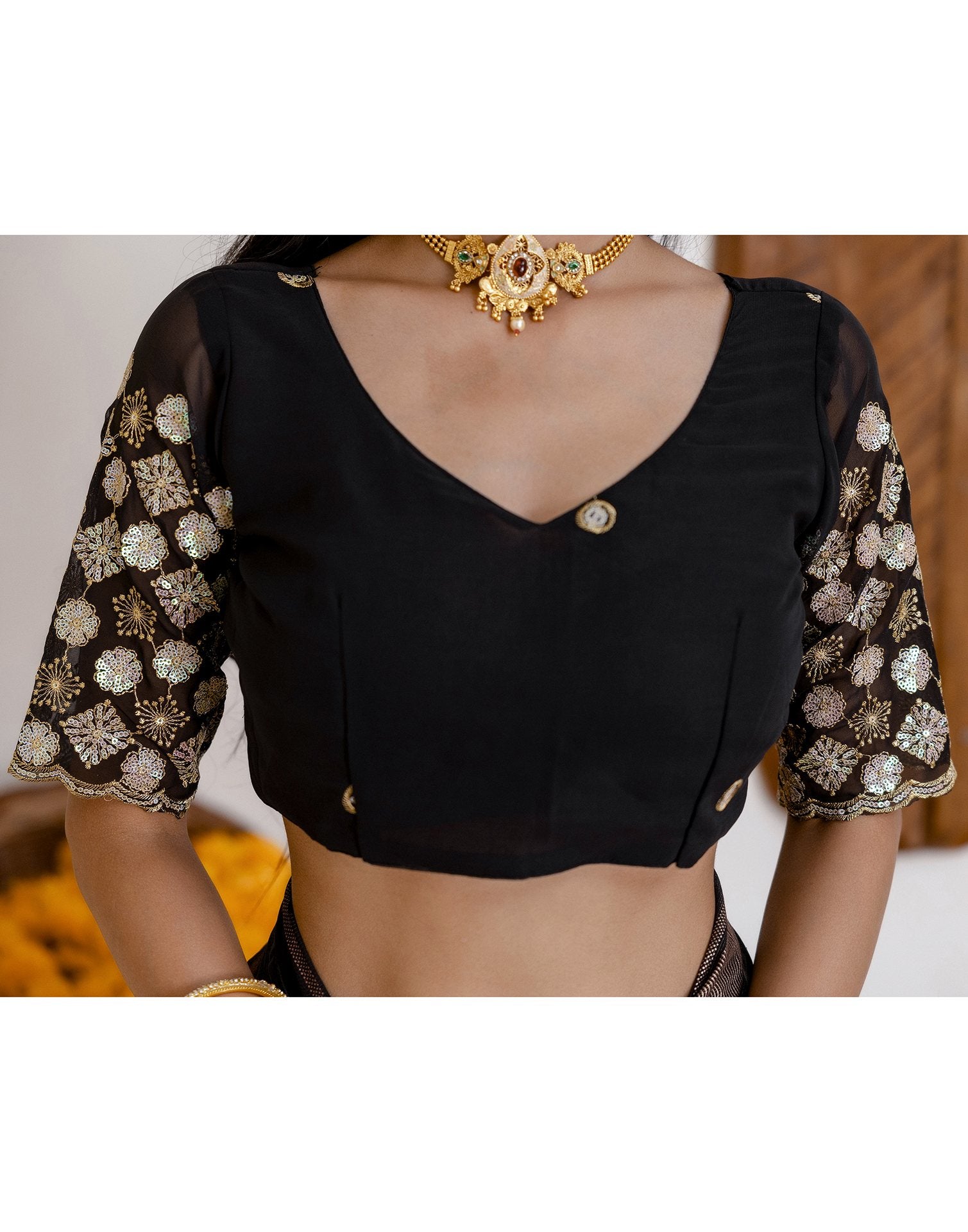 Black Georgette Foil Printed Saree