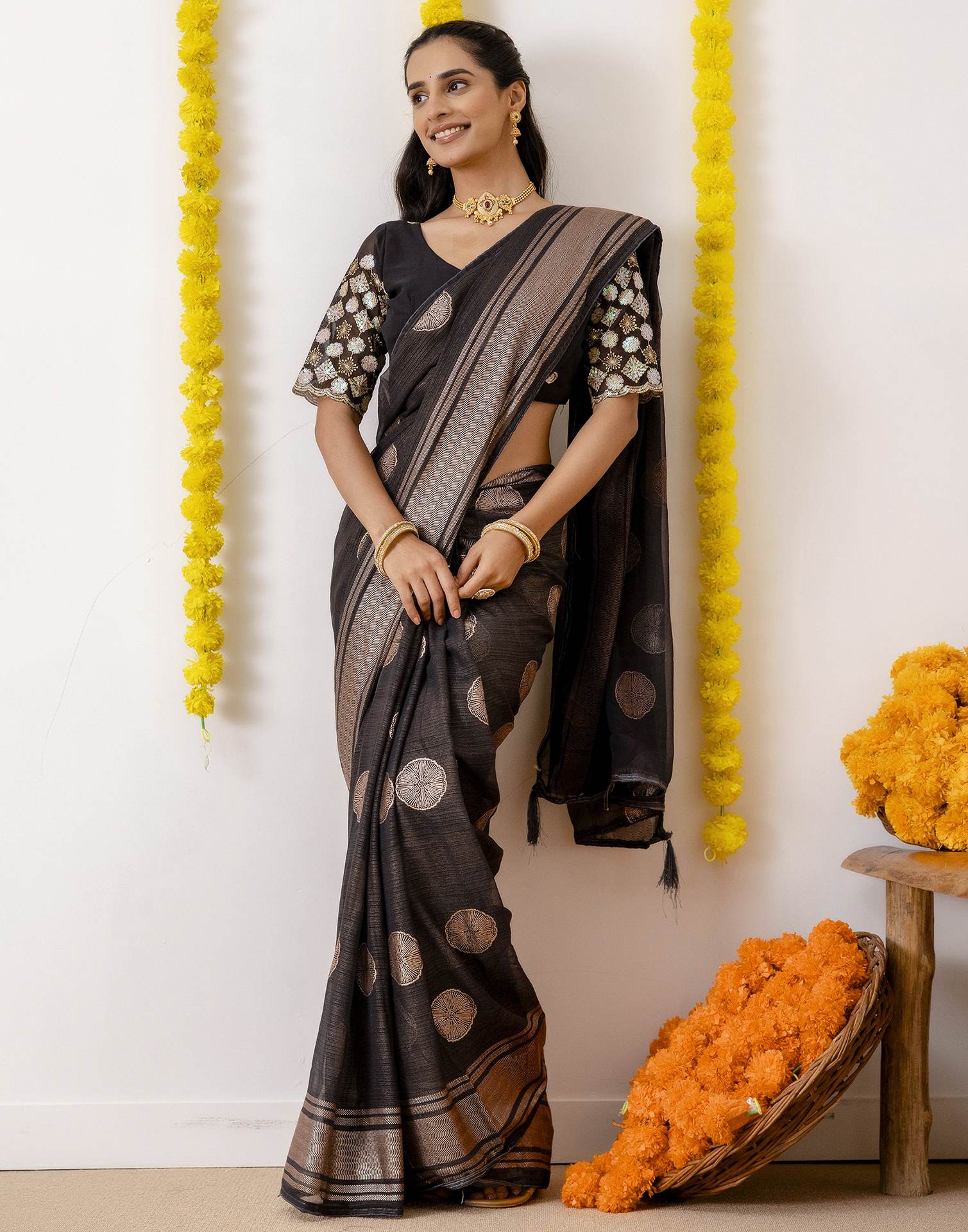 Black Georgette Foil Printed Saree