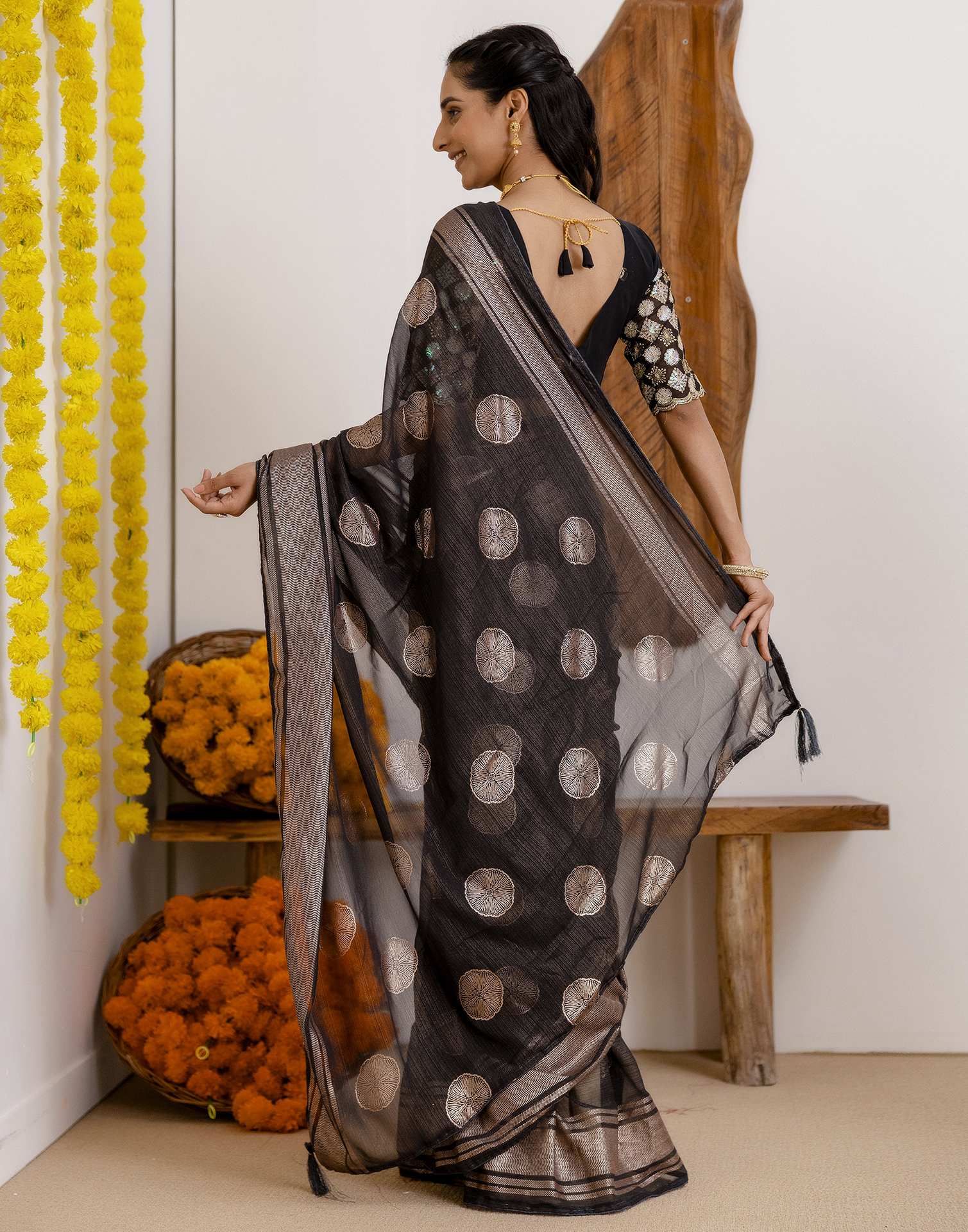 Black Georgette Foil Printed Saree
