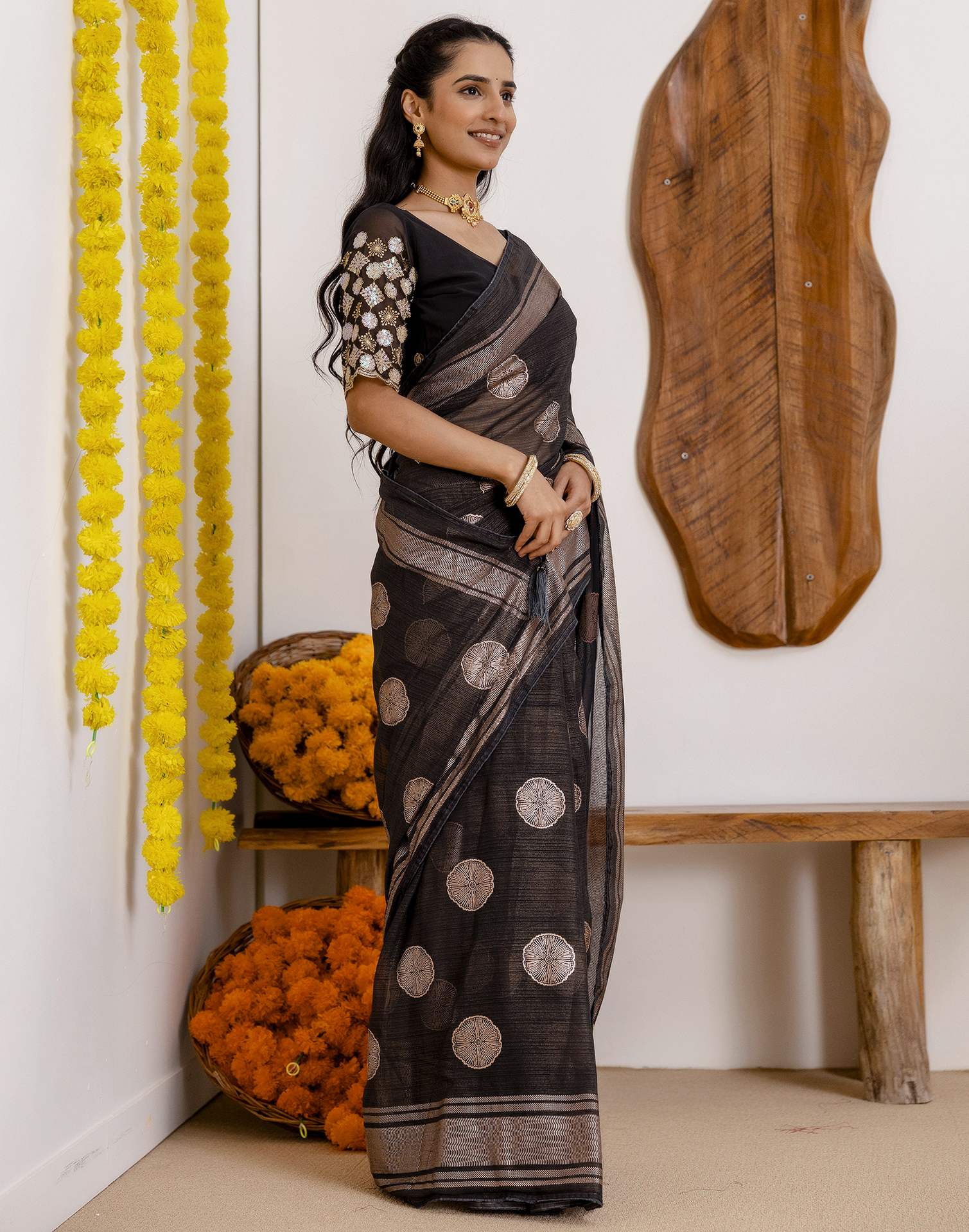 Black Georgette Foil Printed Saree