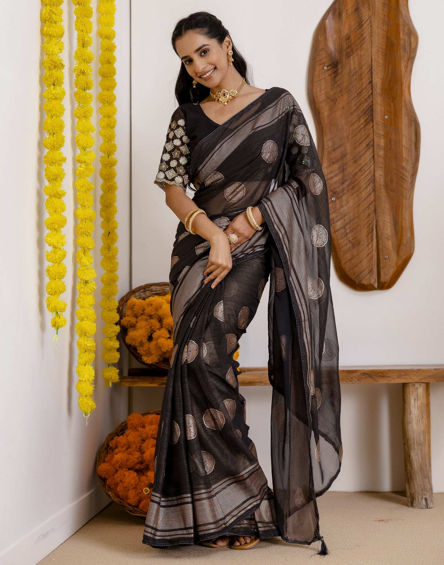 Black Georgette Foil Printed Saree