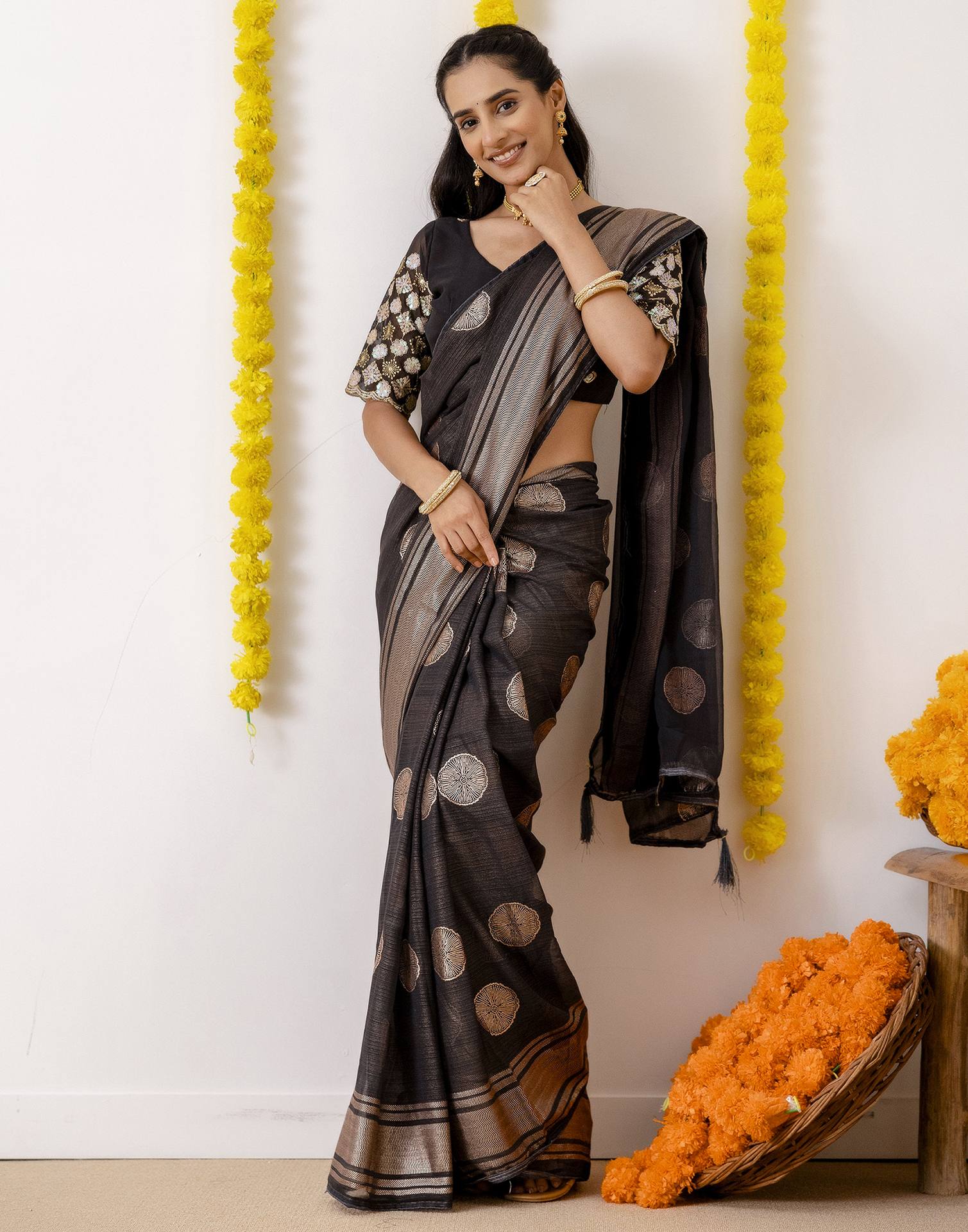 Black Georgette Foil Printed Saree