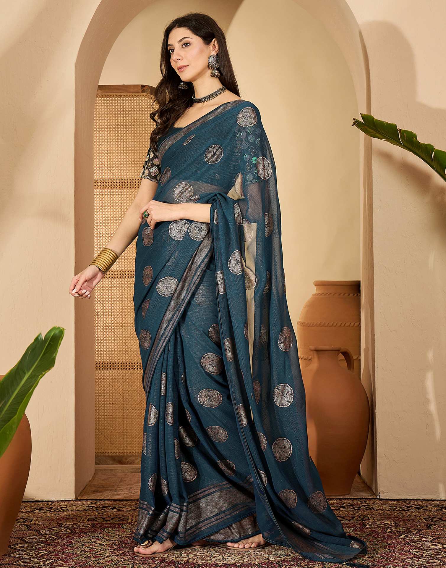 Rama Blue Georgette Foil Printed Saree