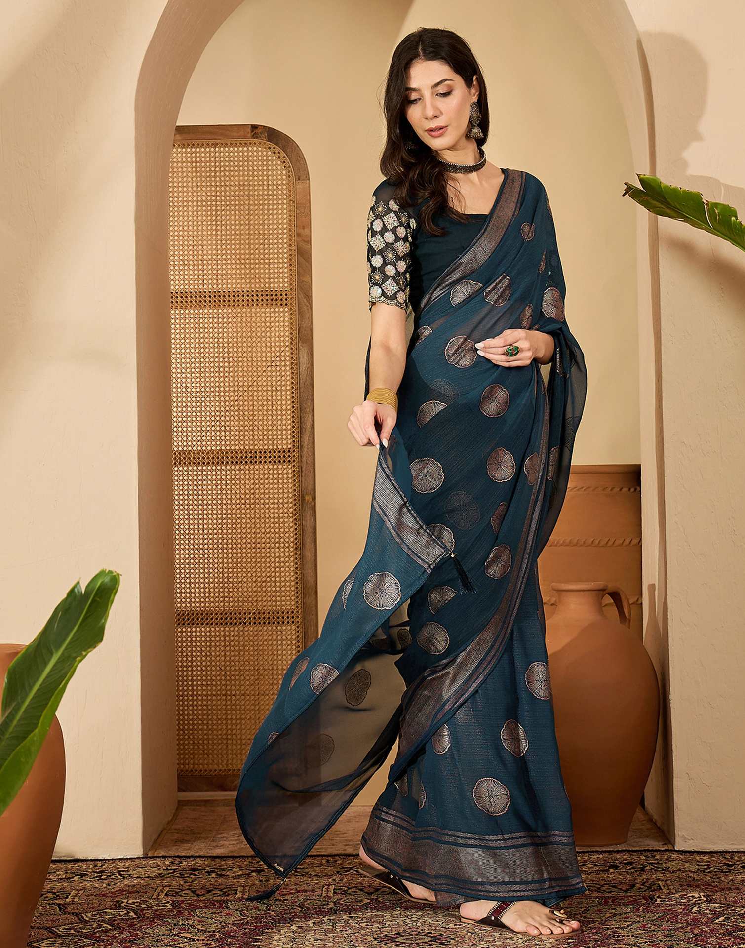 Rama Blue Georgette Foil Printed Saree