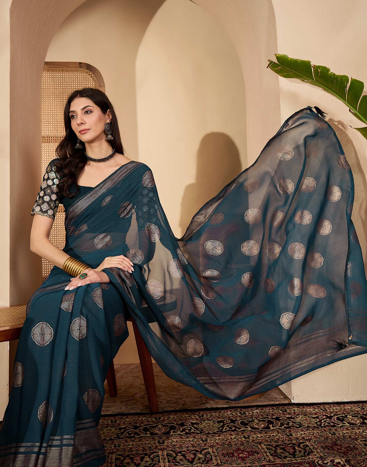 Rama Blue Georgette Foil Printed Saree