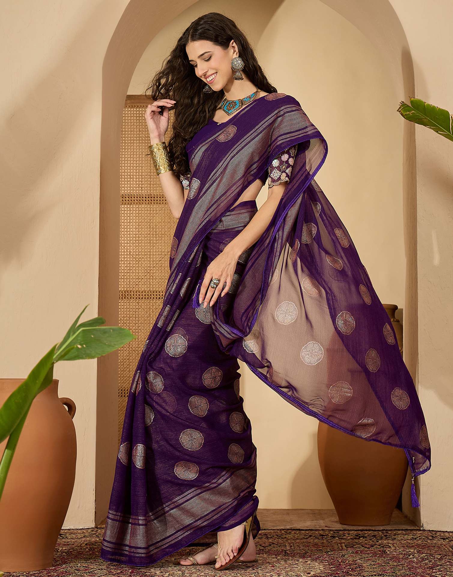 Purple Georgette Foil Printed Saree