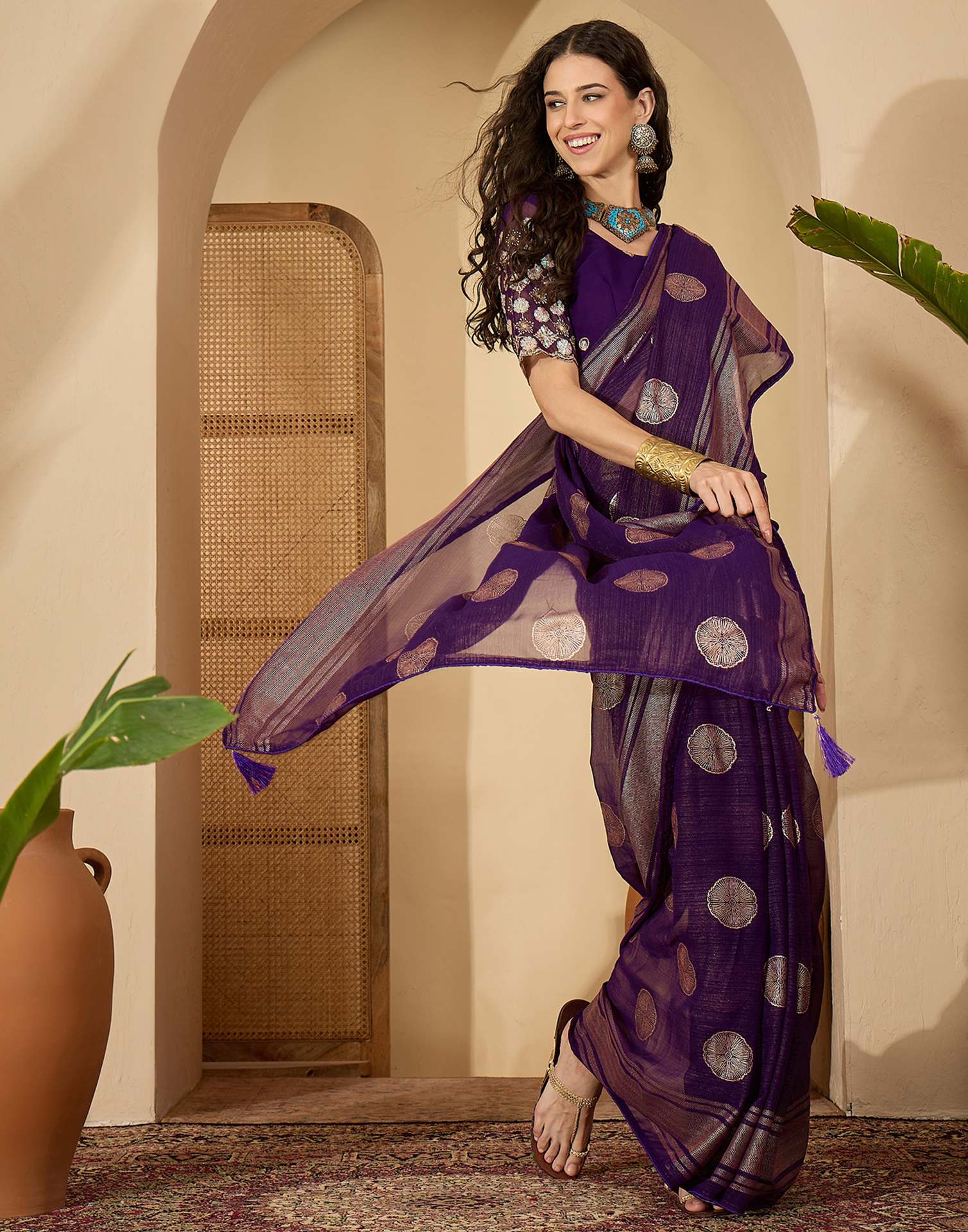 Purple Georgette Foil Printed Saree