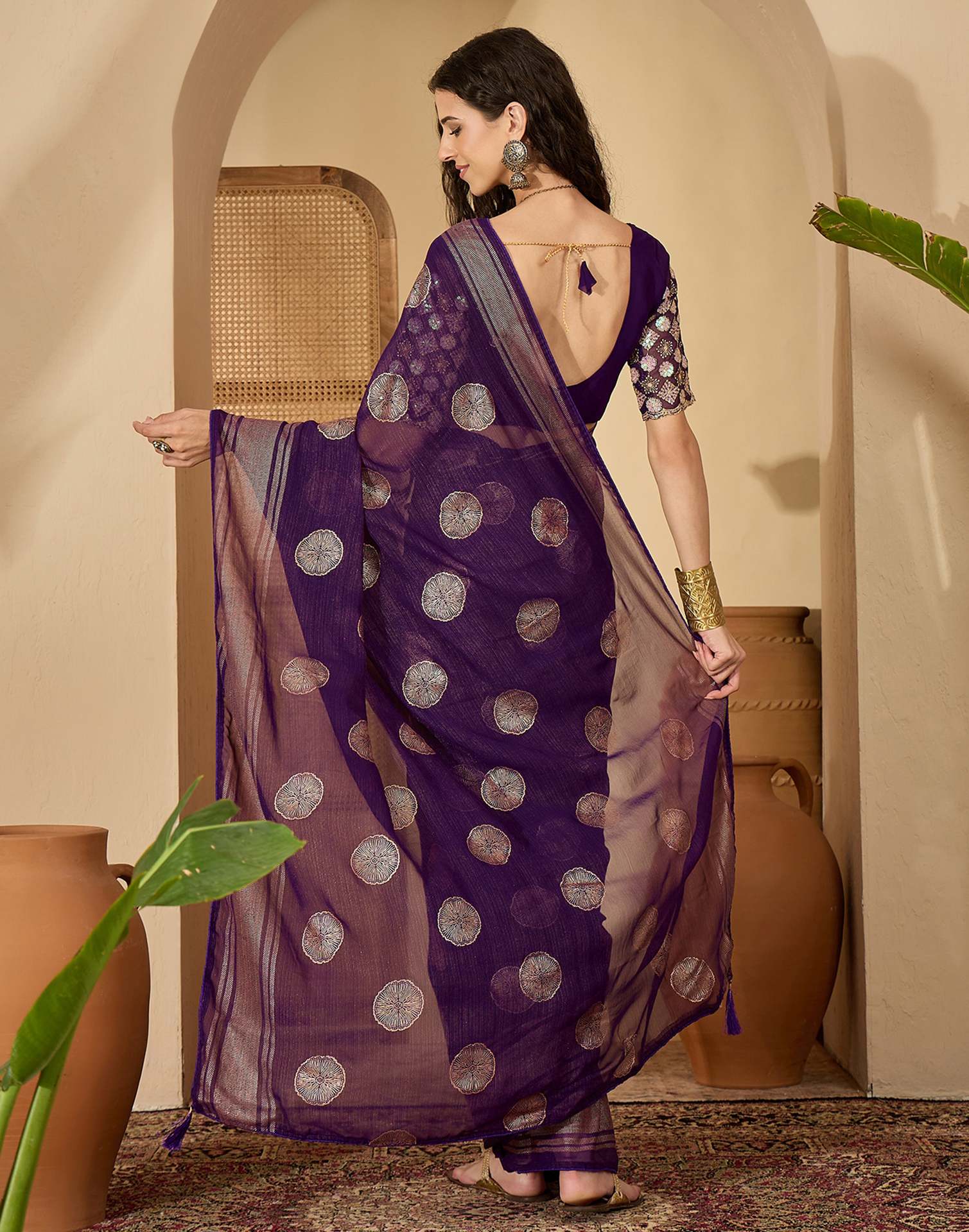 Purple Georgette Foil Printed Saree