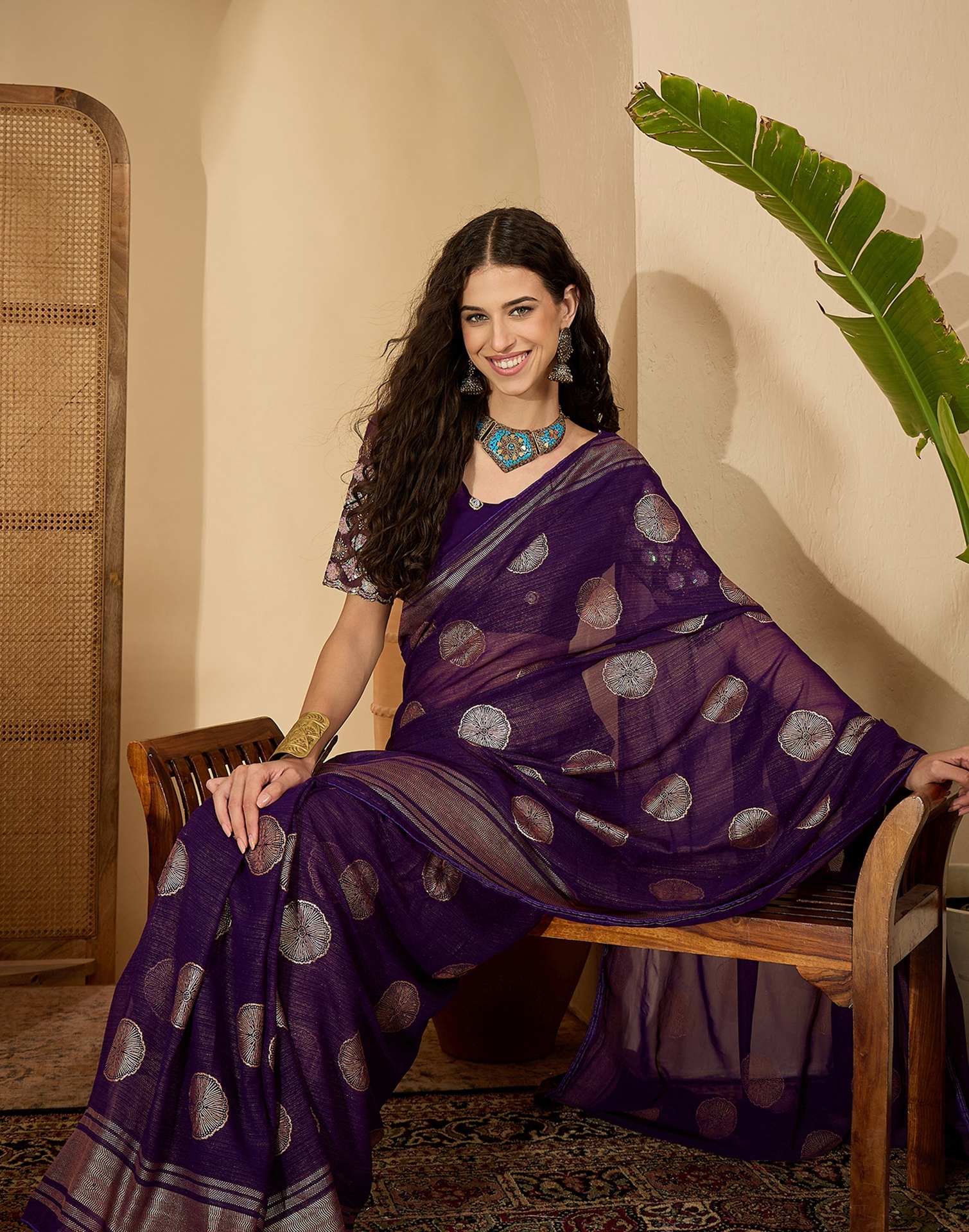 Purple Georgette Foil Printed Saree