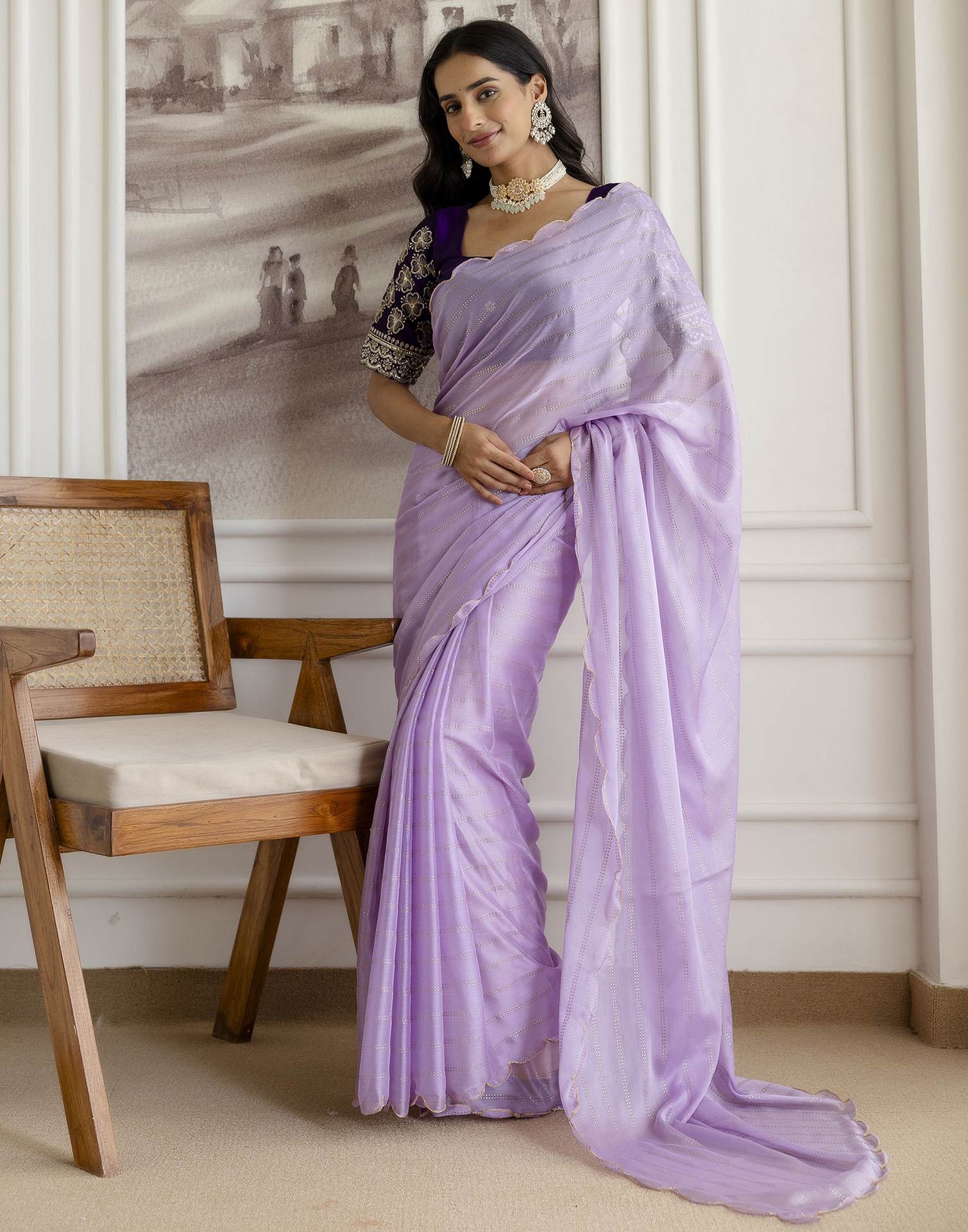 Lavender Chiffon Foil Printed Saree