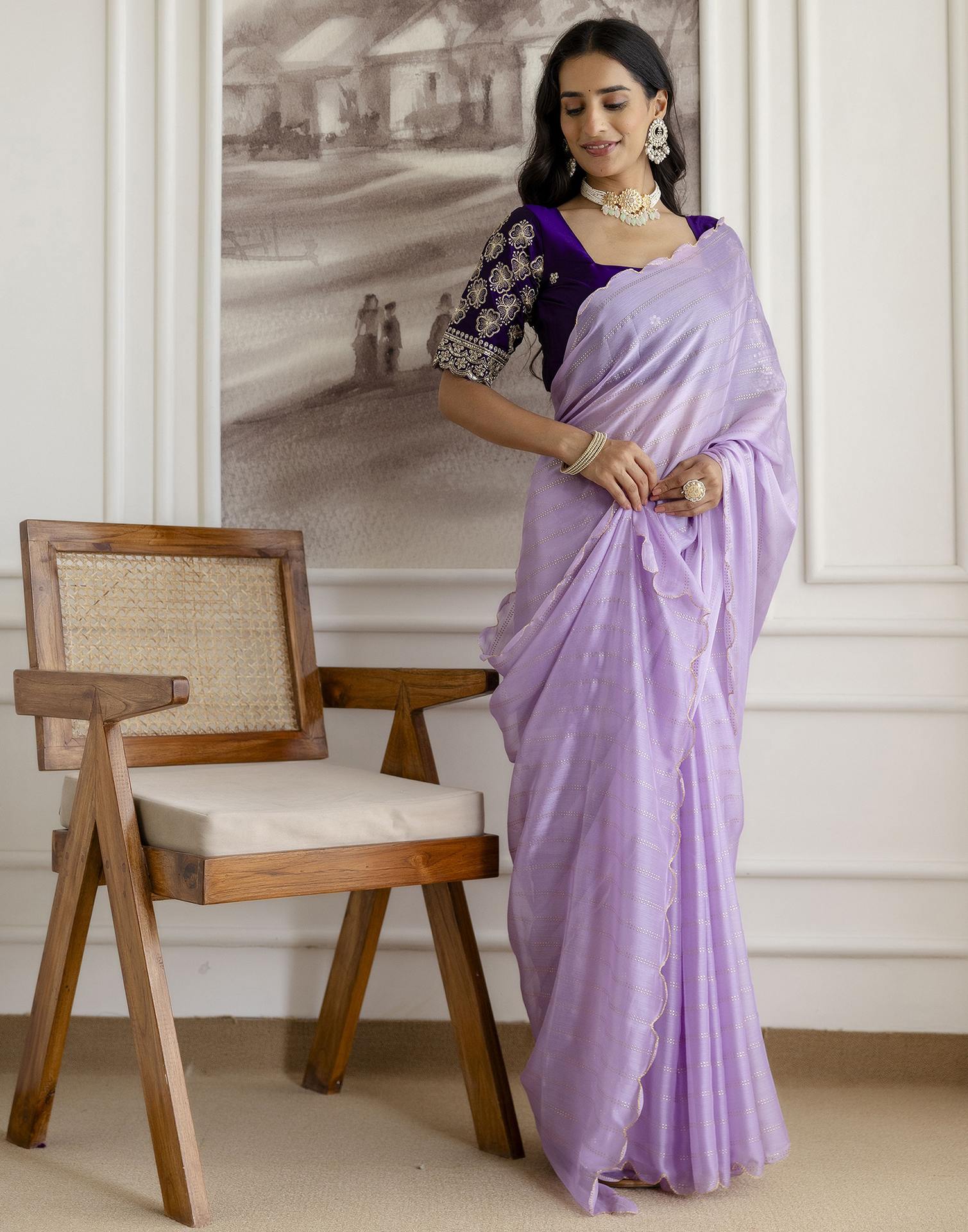 Lavender Chiffon Foil Printed Saree