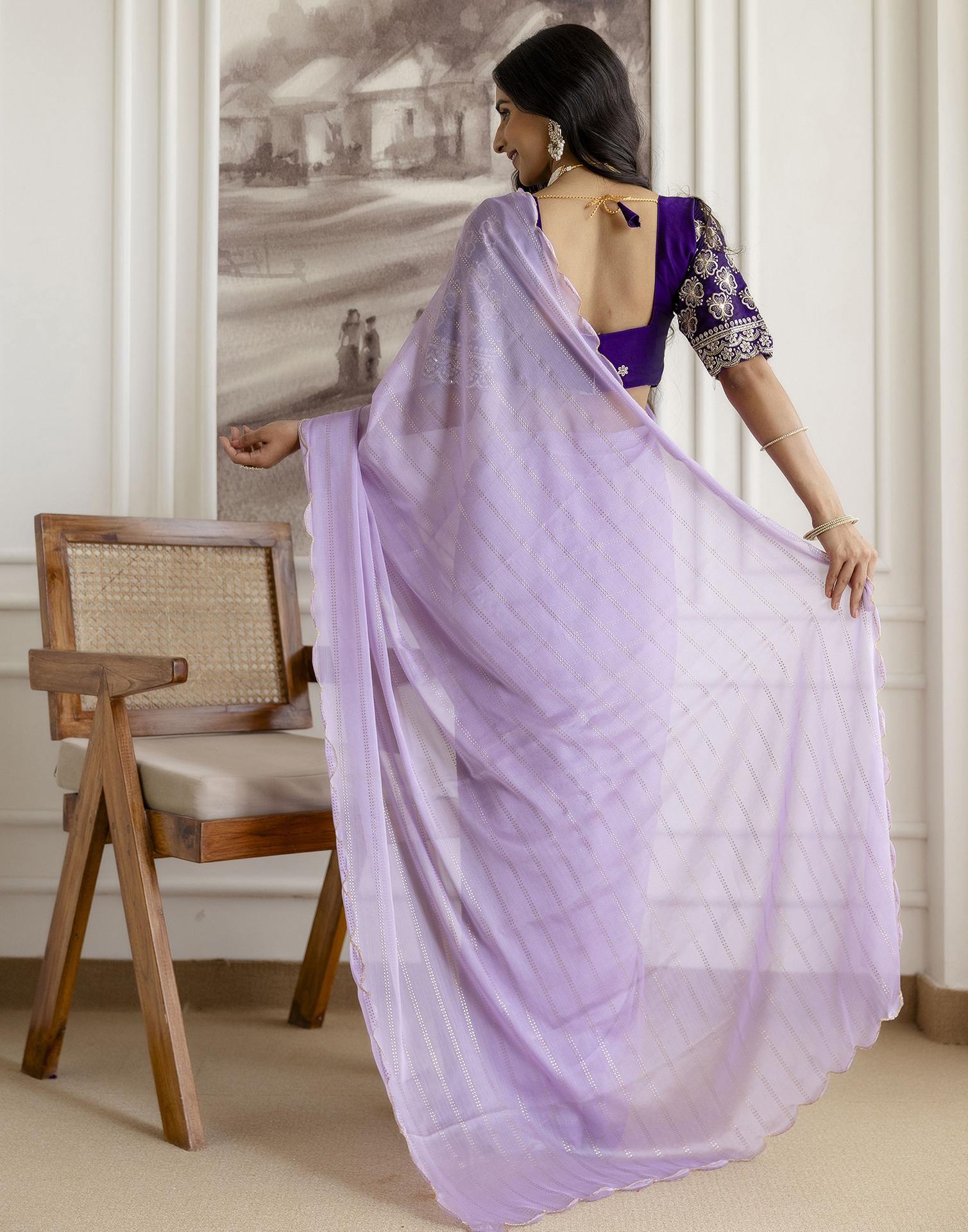 Lavender Chiffon Foil Printed Saree