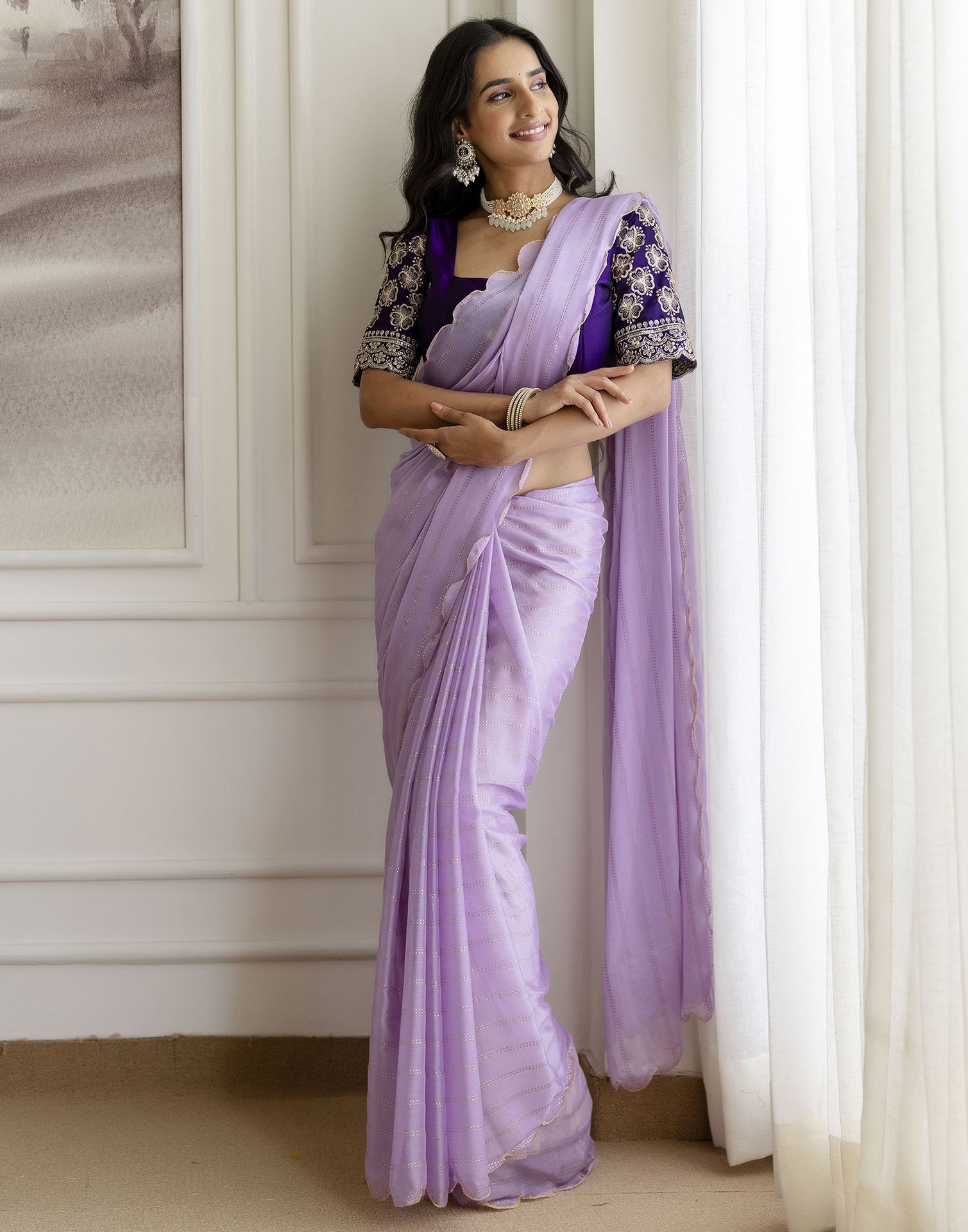 Lavender Chiffon Foil Printed Saree
