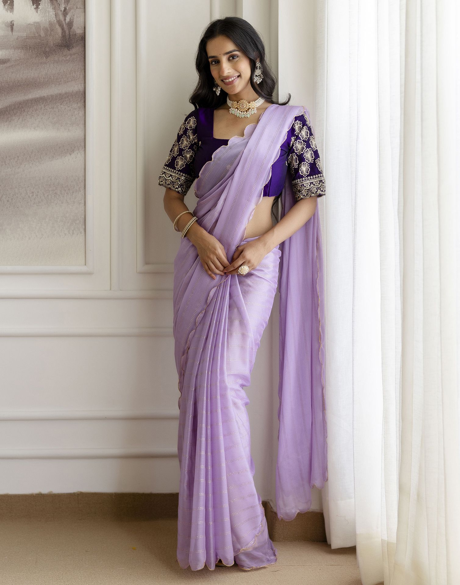 Lavender Chiffon Foil Printed Saree