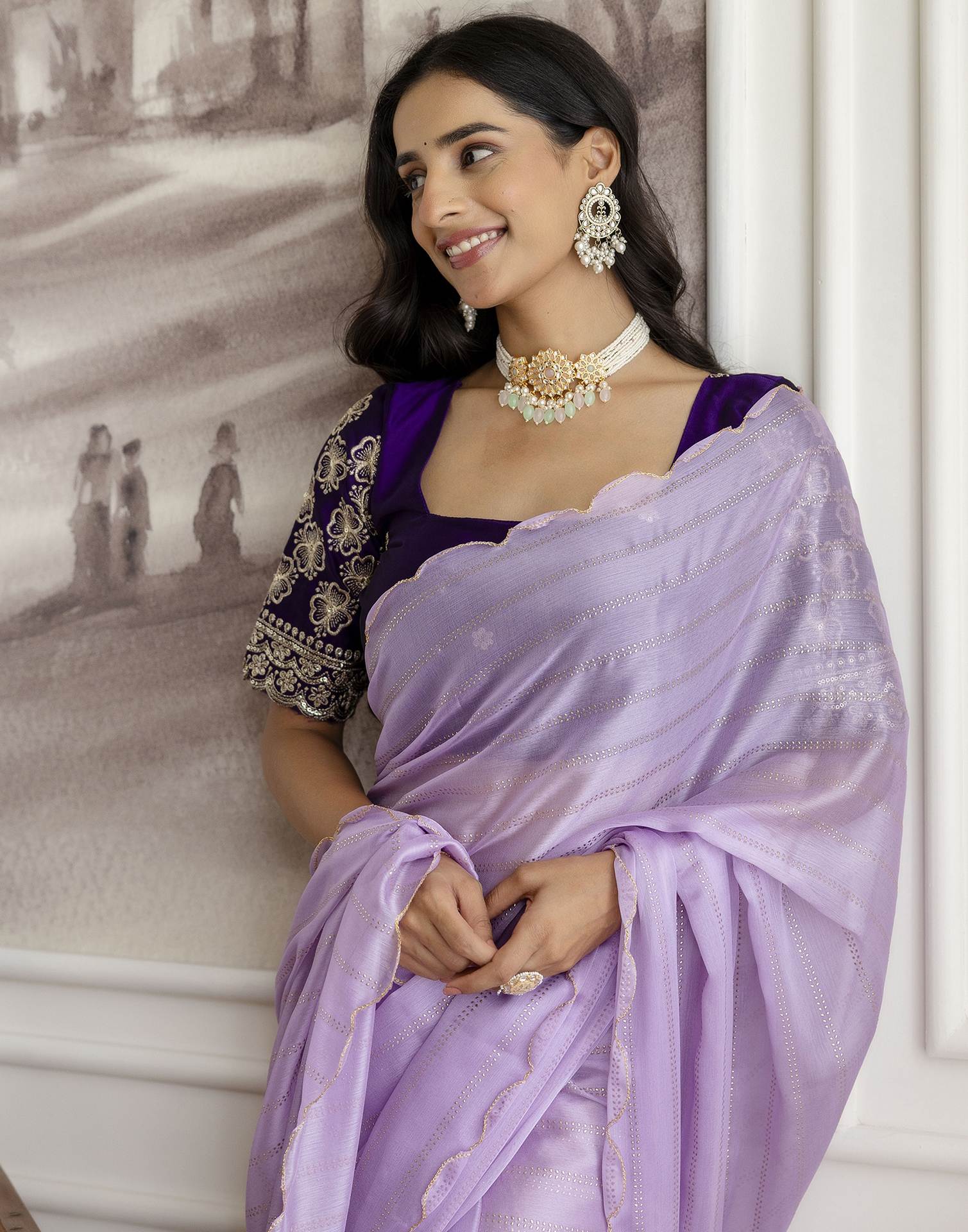 Lavender Chiffon Foil Printed Saree