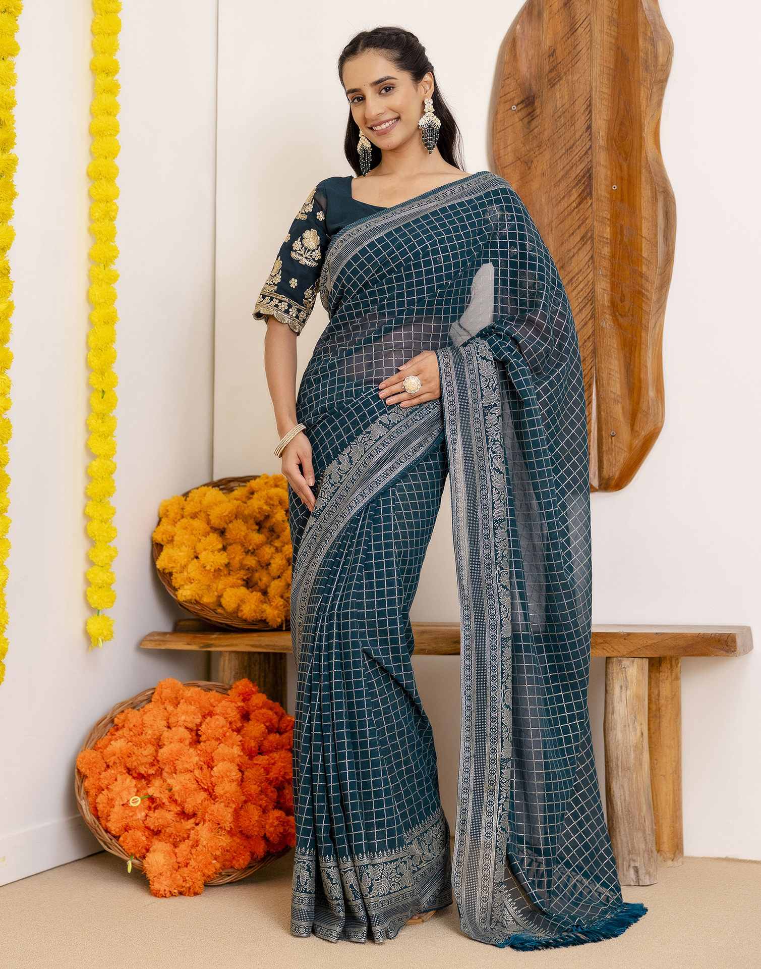 Rama Blue Georgette Printed Saree