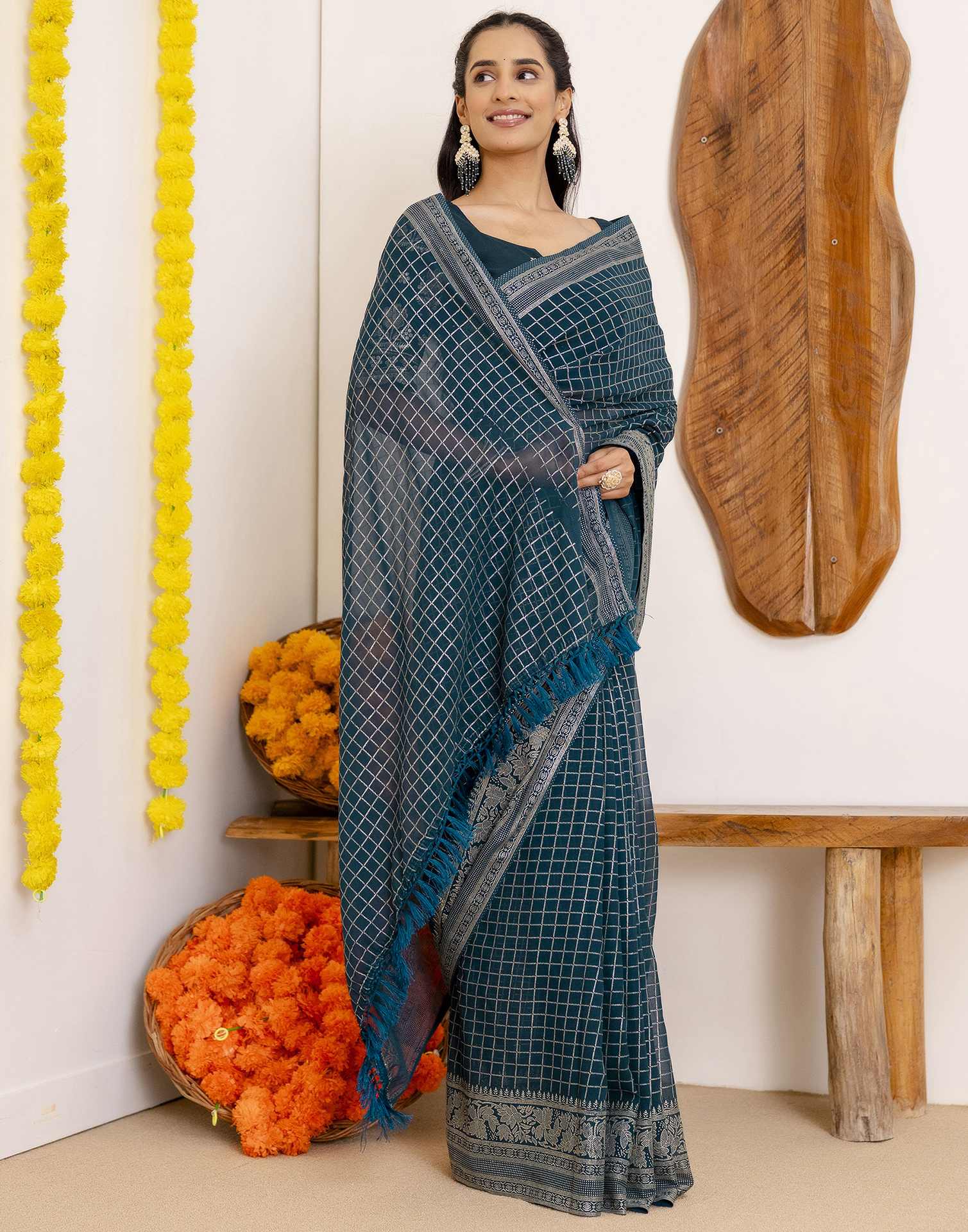 Rama Blue Georgette Printed Saree