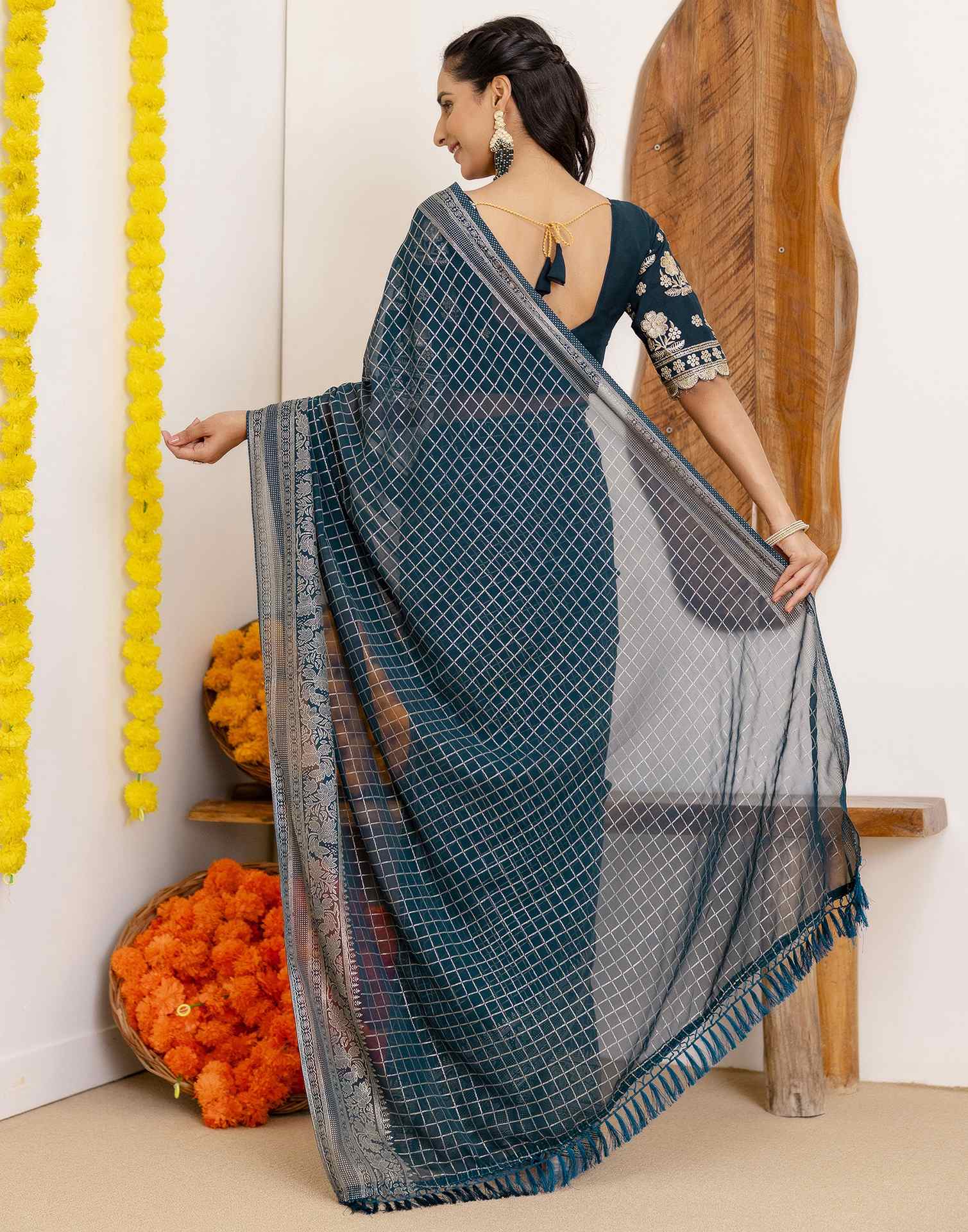 Rama Blue Georgette Printed Saree
