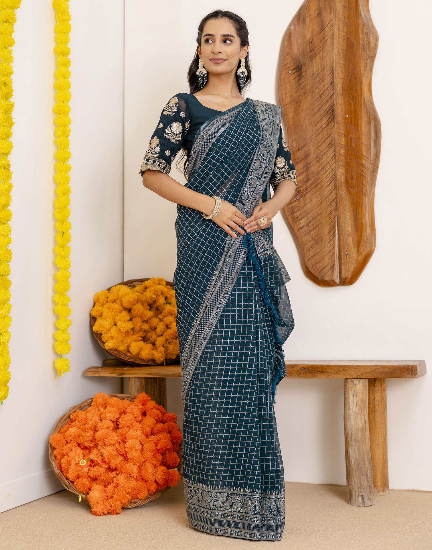 Rama Blue Georgette Printed Saree