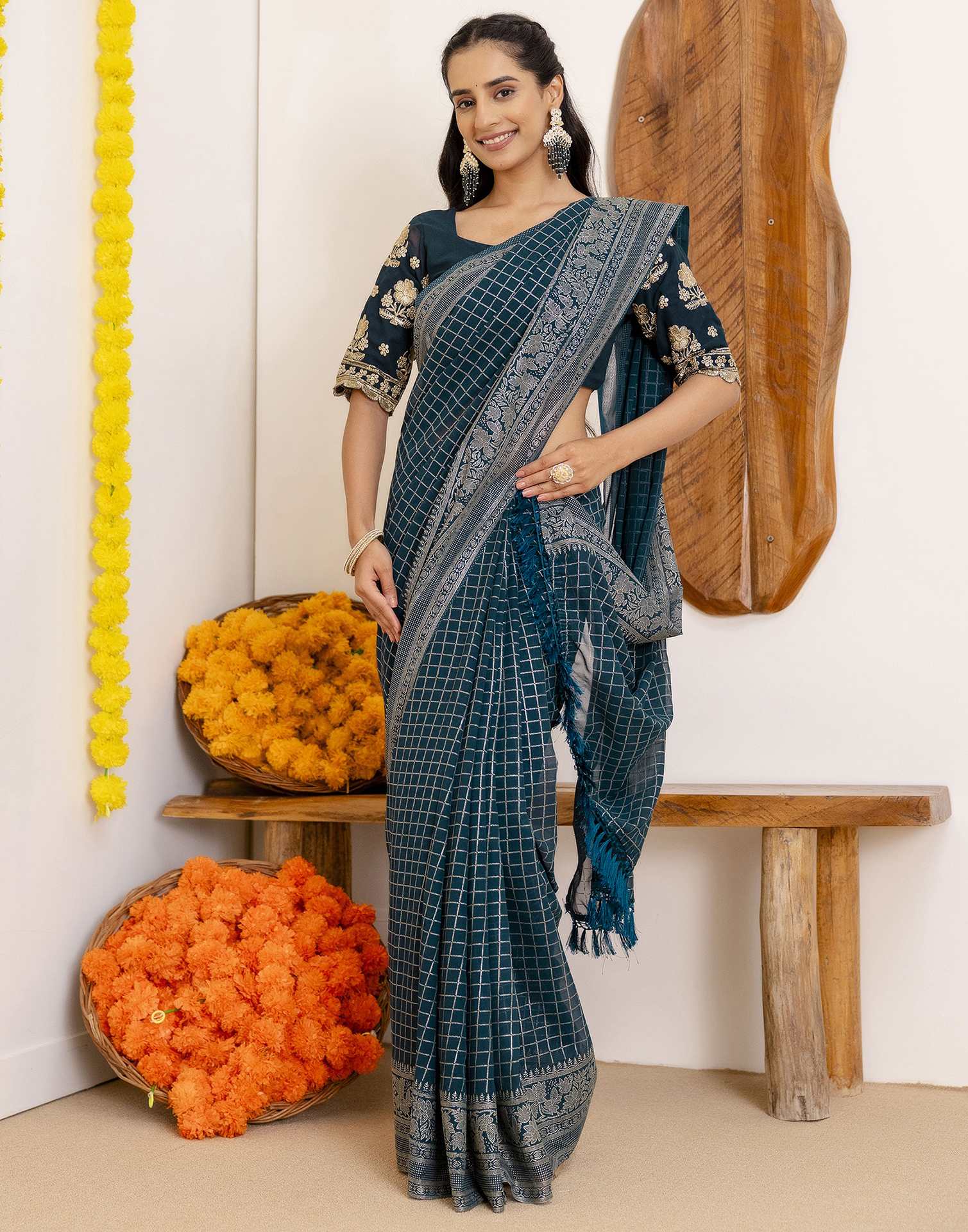 Rama Blue Georgette Printed Saree