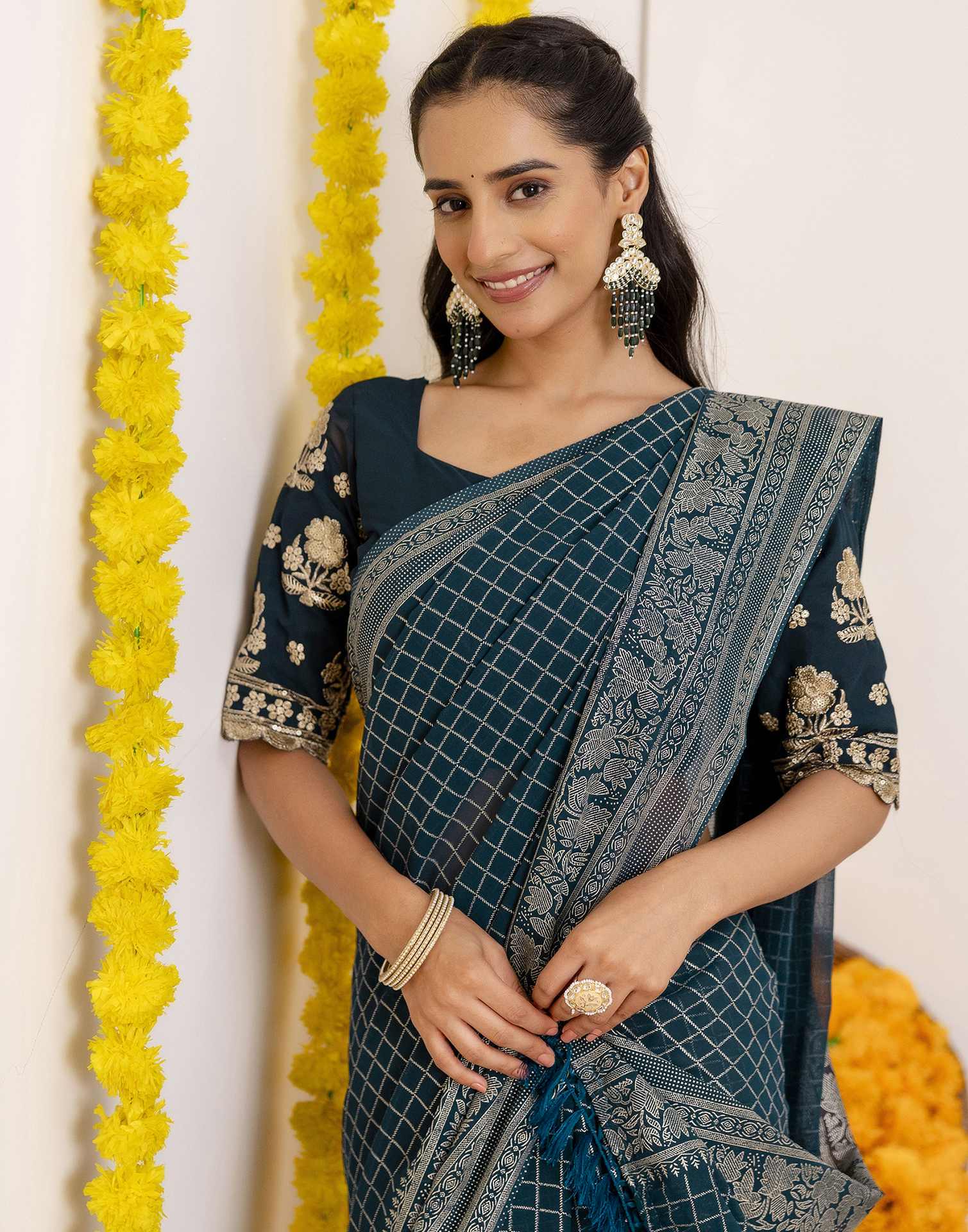 Rama Blue Georgette Printed Saree