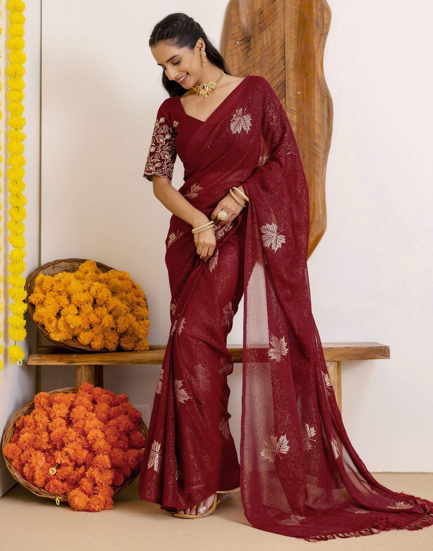 Maroon Georgette Foil Printed Saree