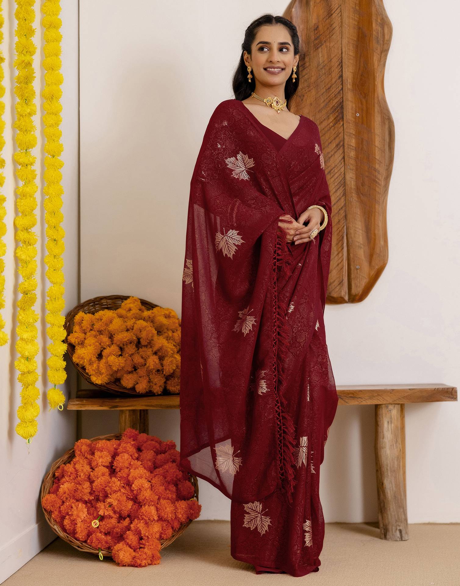 Maroon Georgette Foil Printed Saree