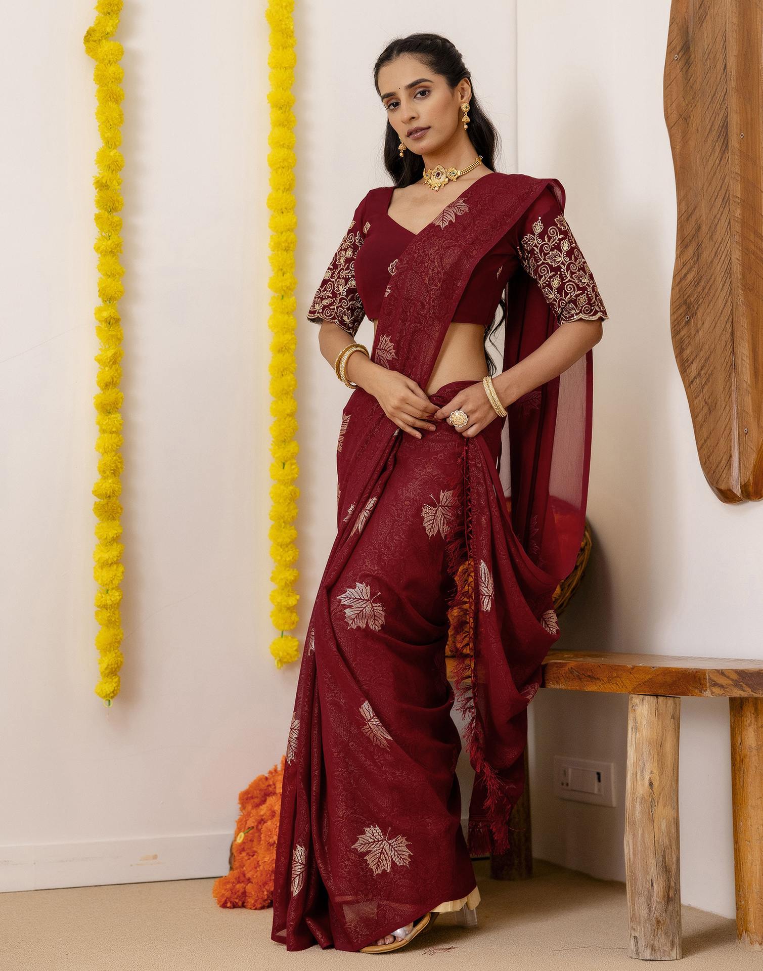 Maroon Georgette Foil Printed Saree