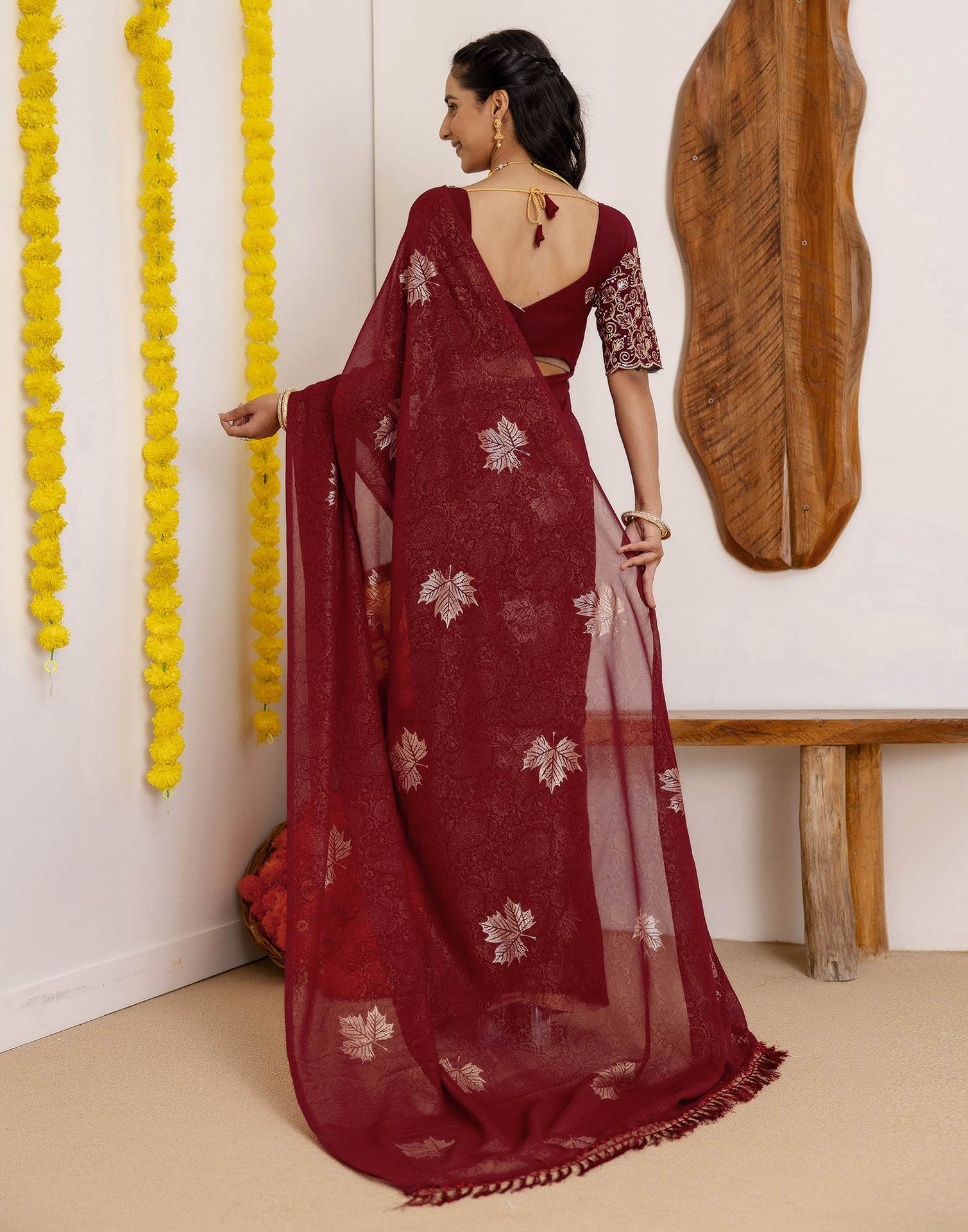 Maroon Georgette Foil Printed Saree