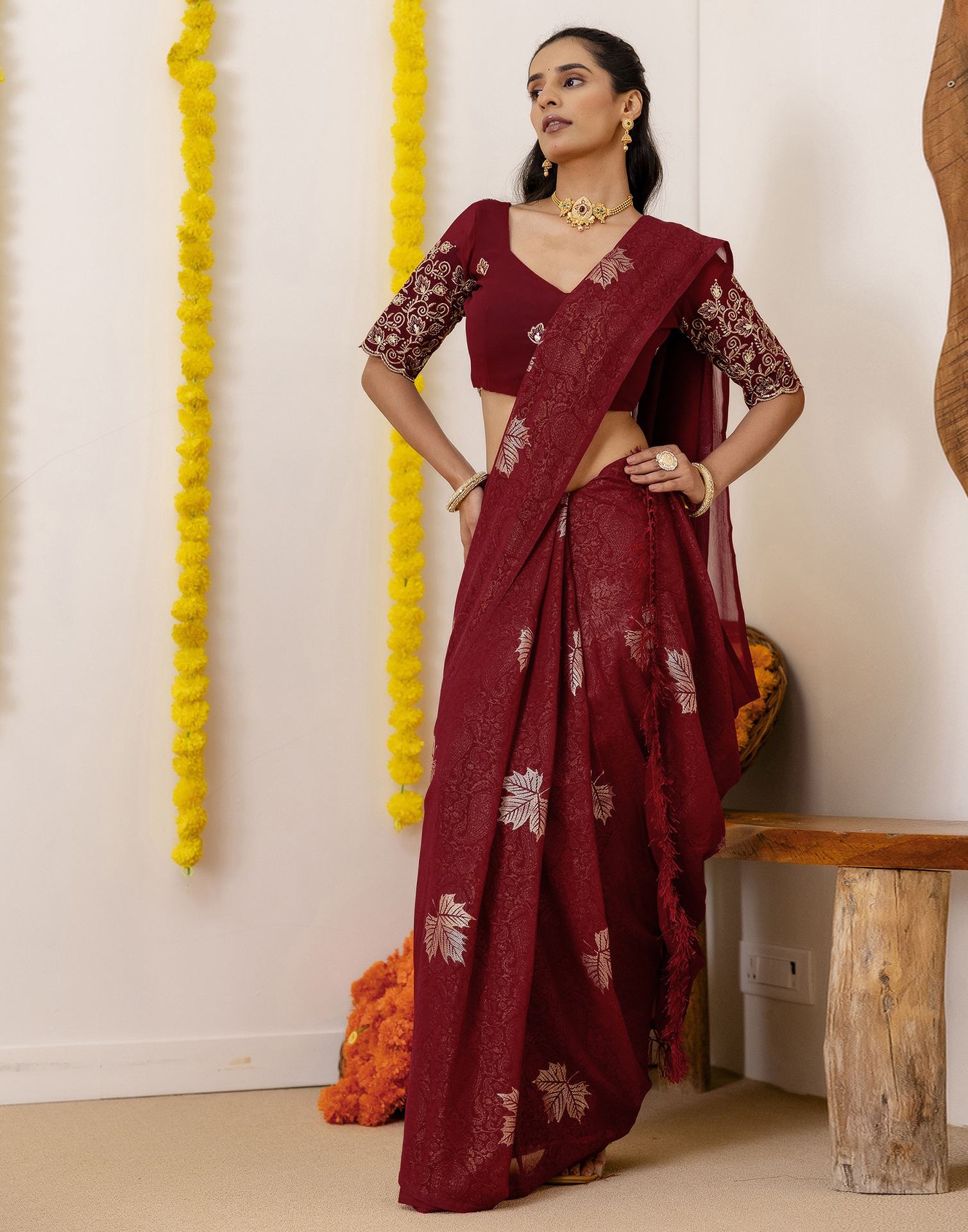 Maroon Georgette Foil Printed Saree