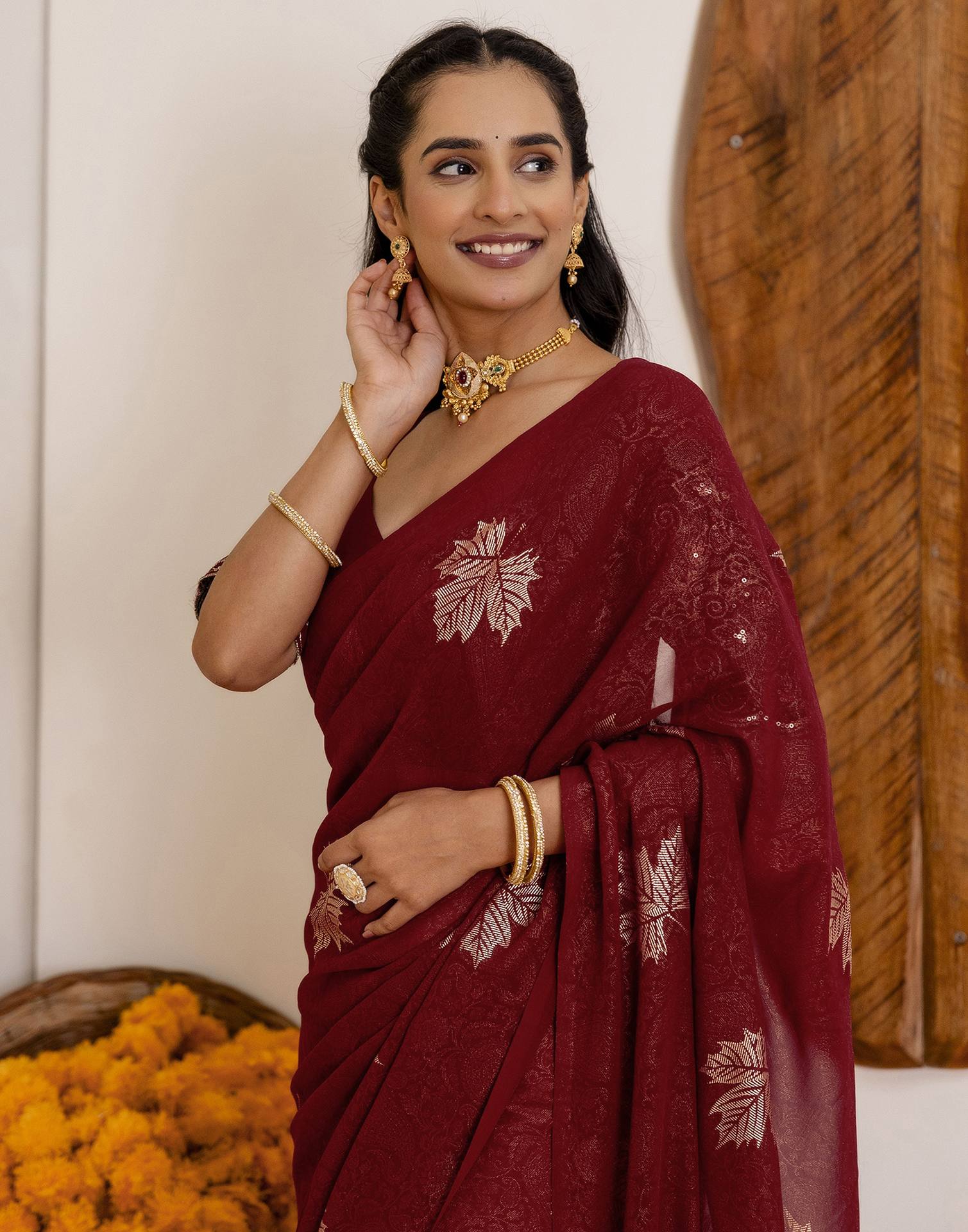 Maroon Georgette Foil Printed Saree