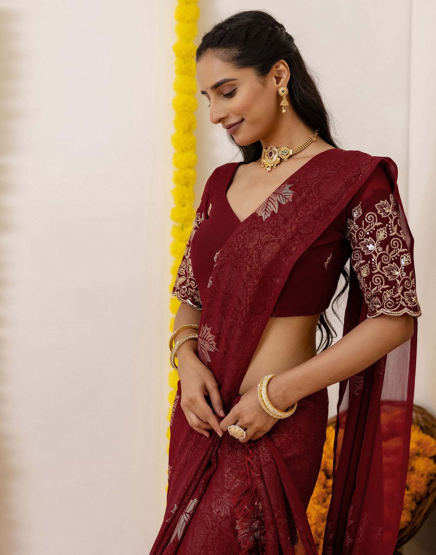 Maroon Georgette Foil Printed Saree
