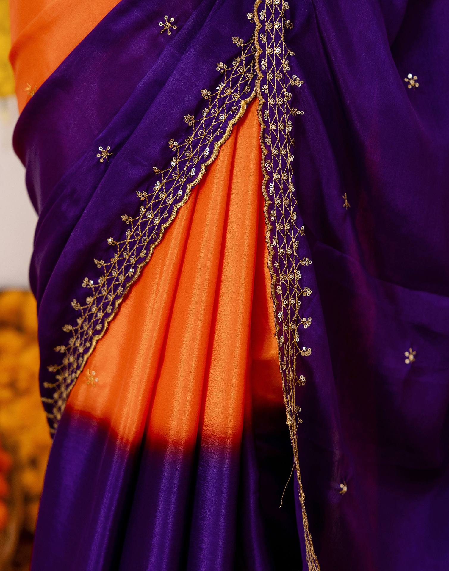 Orange Silk Sequence Embroidery Saree