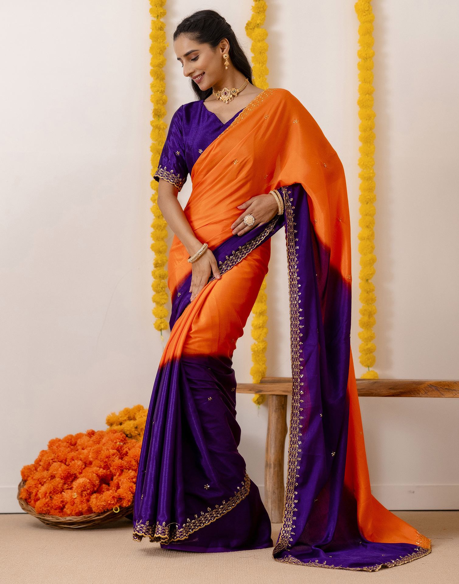 Orange Silk Sequence Embroidery Saree