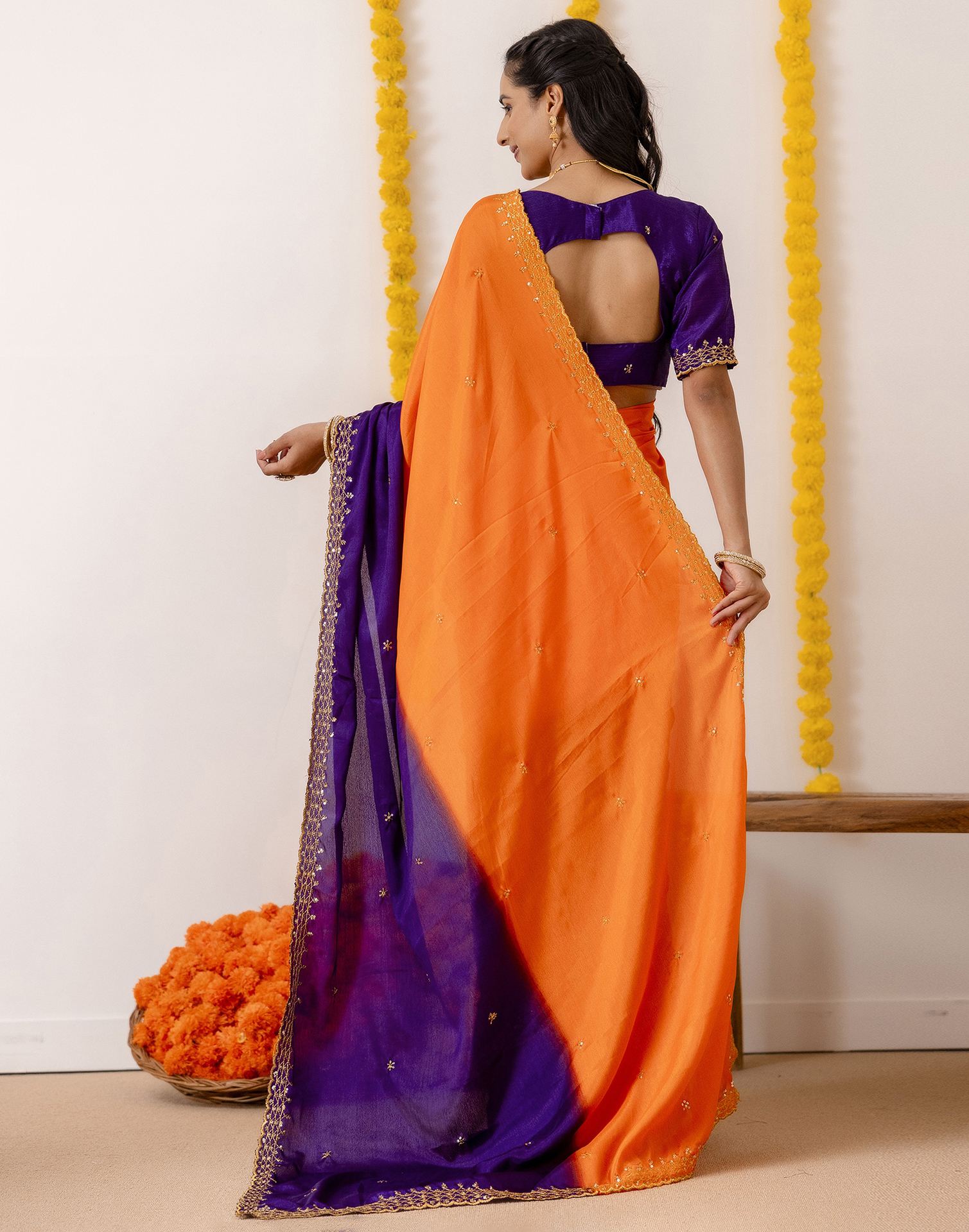 Orange Silk Sequence Embroidery Saree