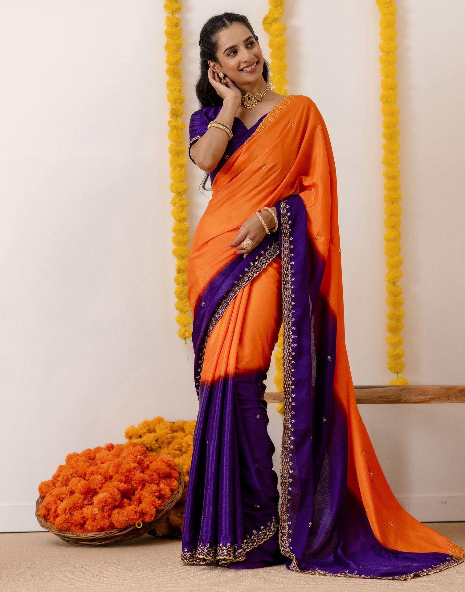 Orange Silk Sequence Embroidery Saree