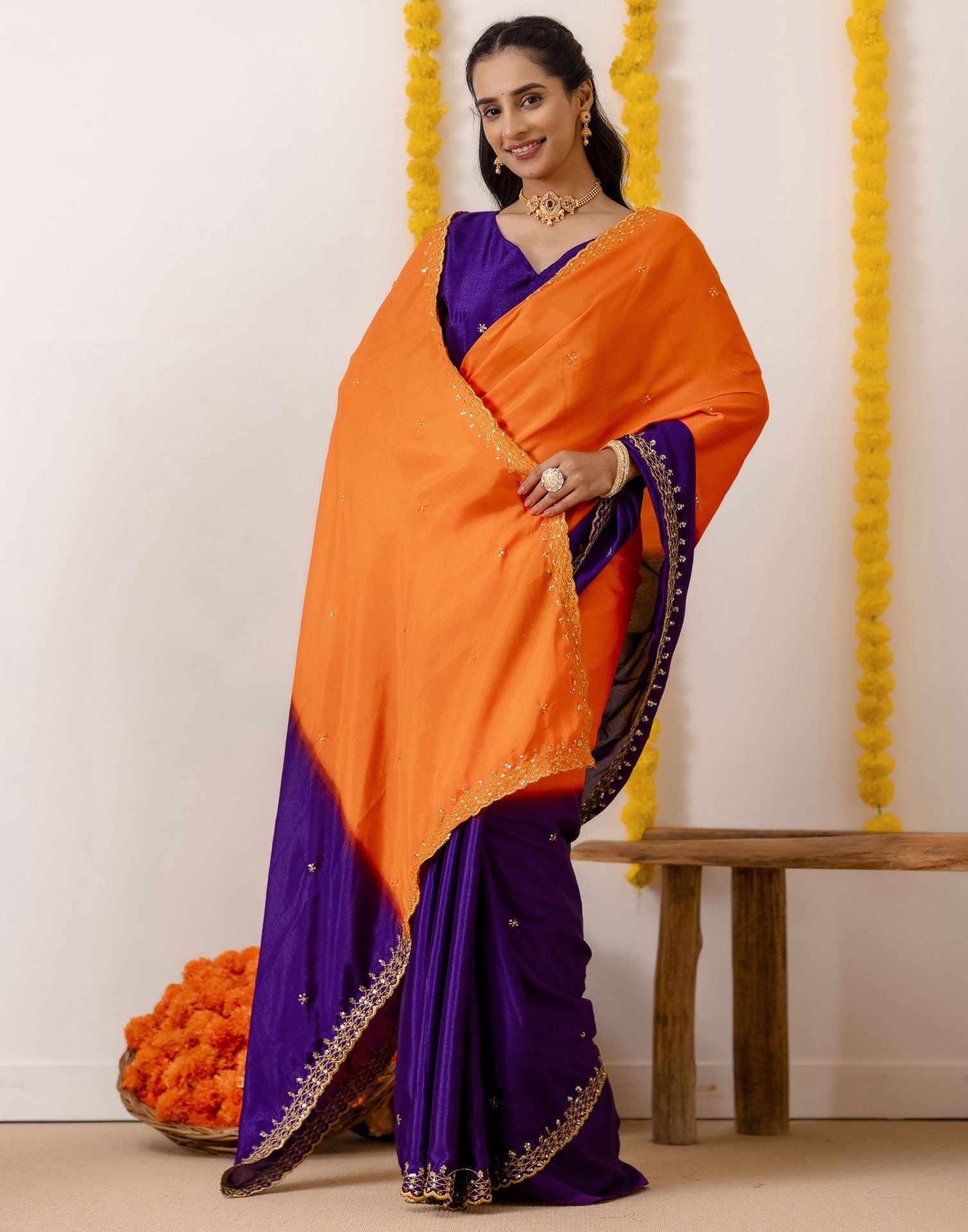 Orange Silk Sequence Embroidery Saree