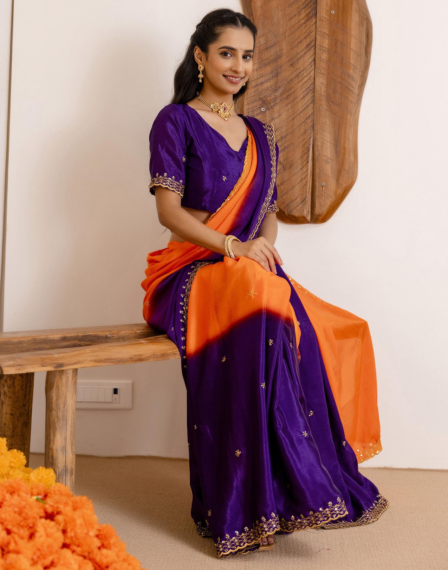 Orange Silk Sequence Embroidery Saree
