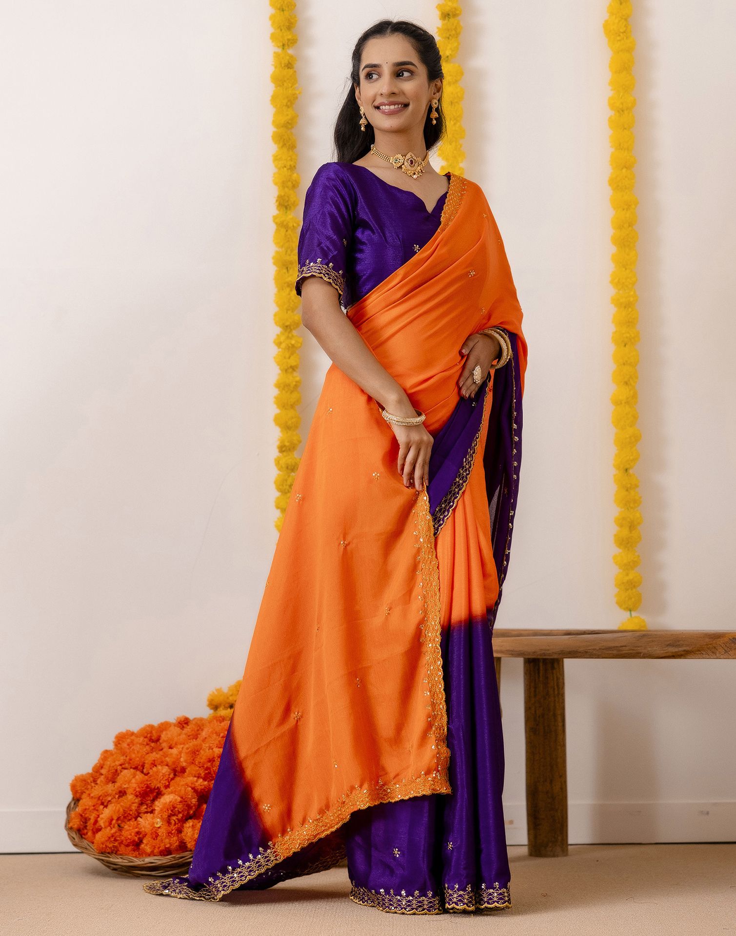 Orange Silk Sequence Embroidery Saree