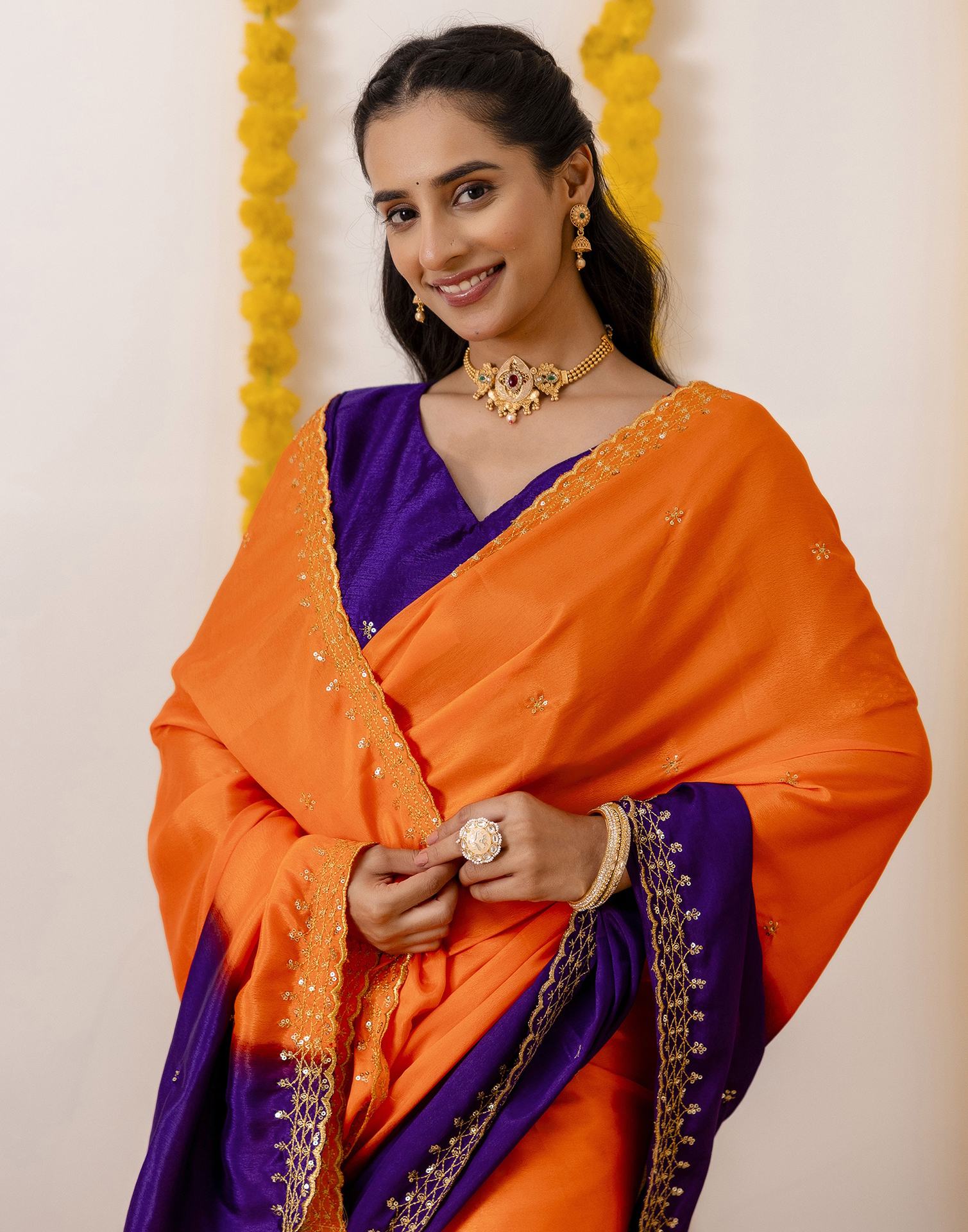 Orange Silk Sequence Embroidery Saree