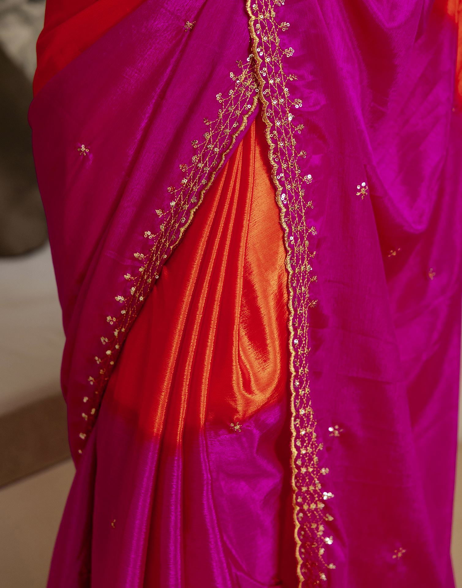 Orange Silk Sequence Embroidery Saree